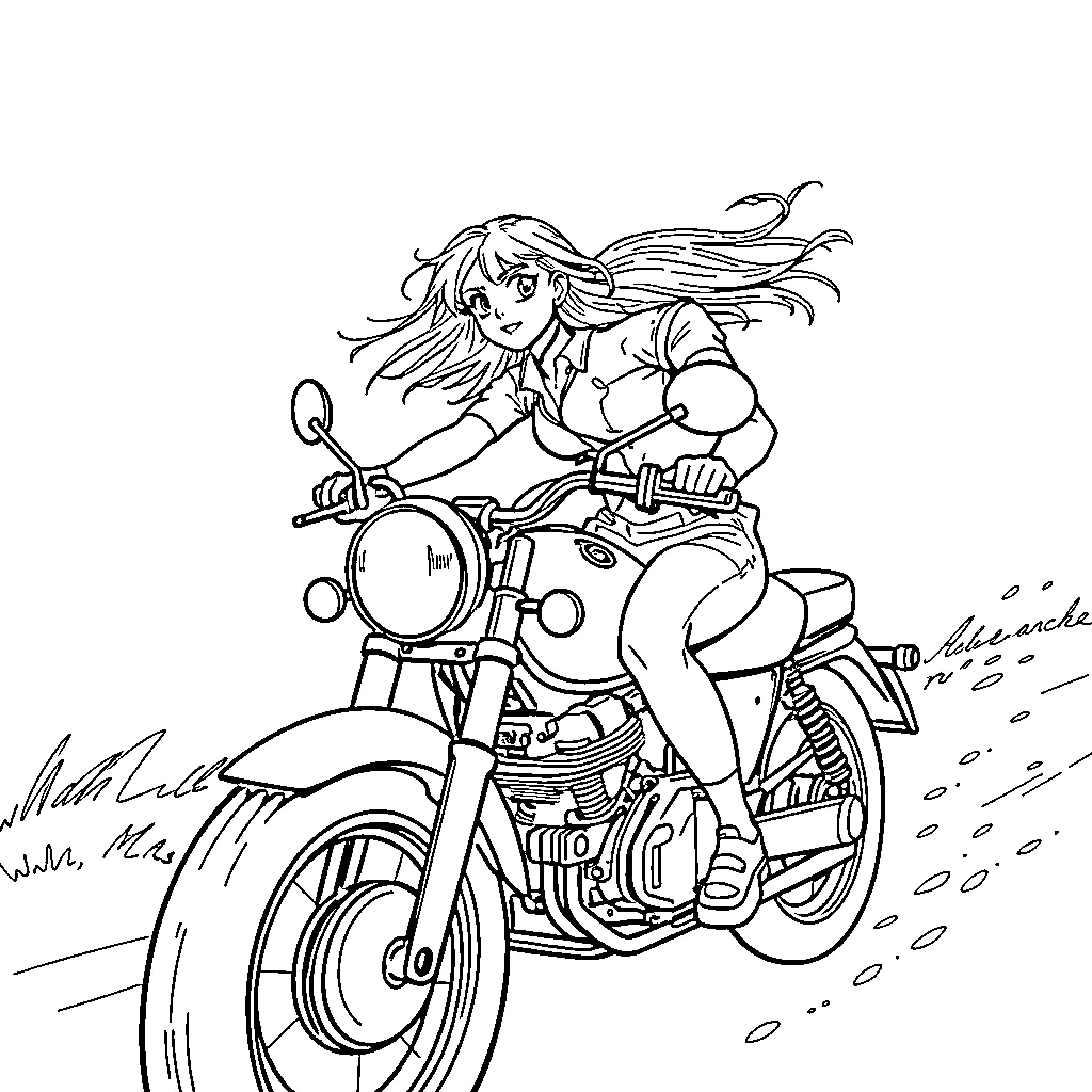 Girl riding a motorcycle on the open road Coloring Page (free black-and-white line drawing printable PDF for all, from beginners to advanced learners, including children, teens, adults, and seniors)