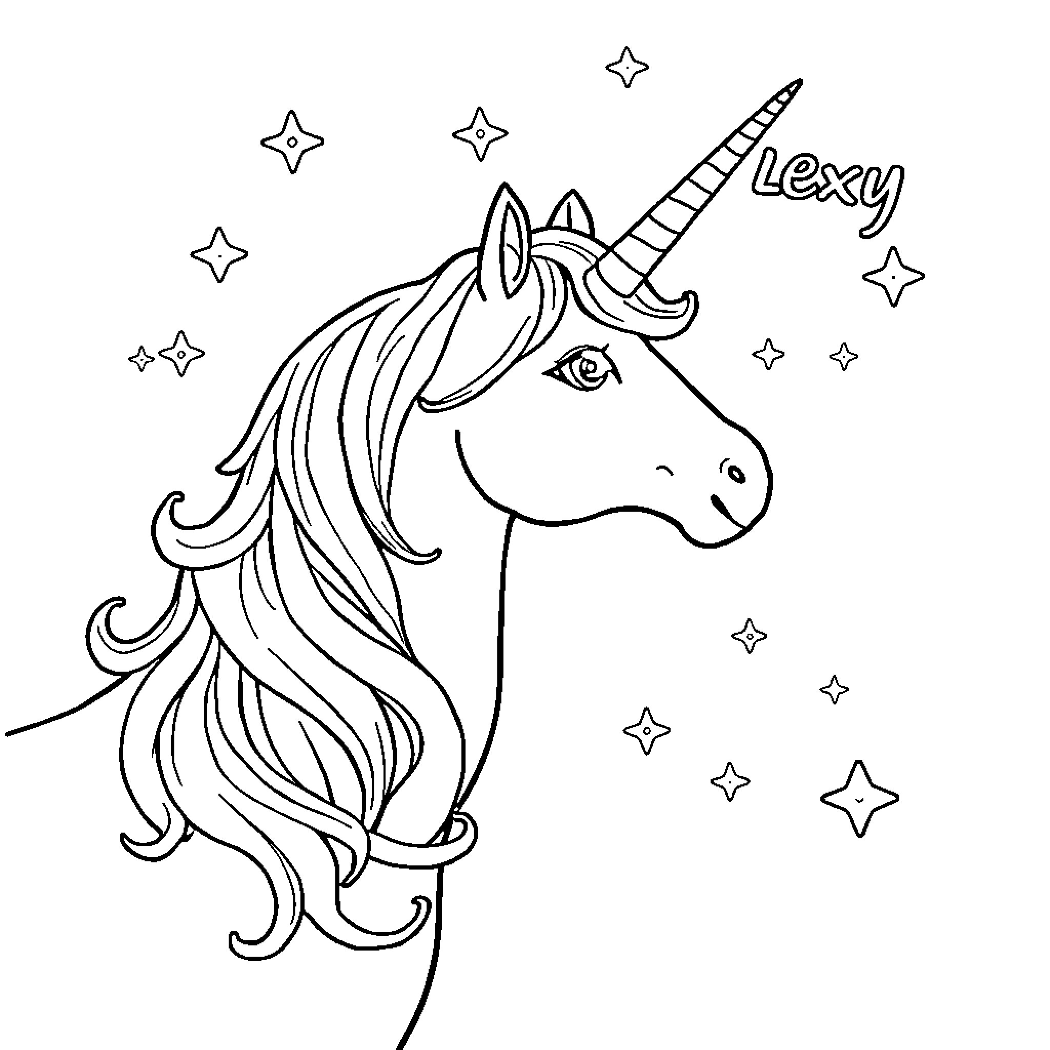 Unicorn with Stylish Appearance and Starry Backdrop Coloring Page (free black-and-white line drawing printable PDF for all, from beginners to advanced learners, including children, teens, adults, and seniors)
