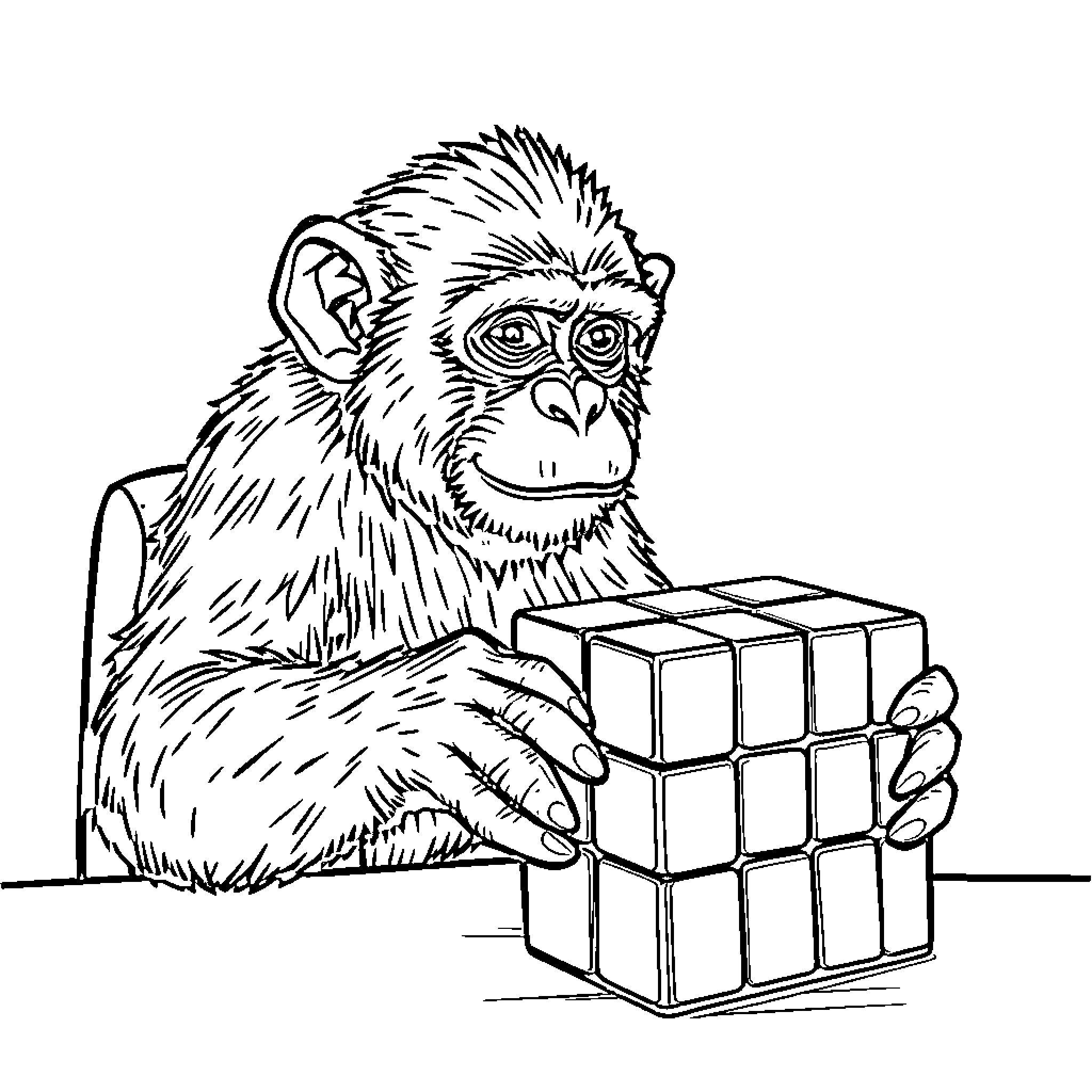 Monkey solving a puzzle cube Coloring Page (free black-and-white line drawing printable PDF for all, from beginners to advanced learners, including children, teens, adults, and seniors)