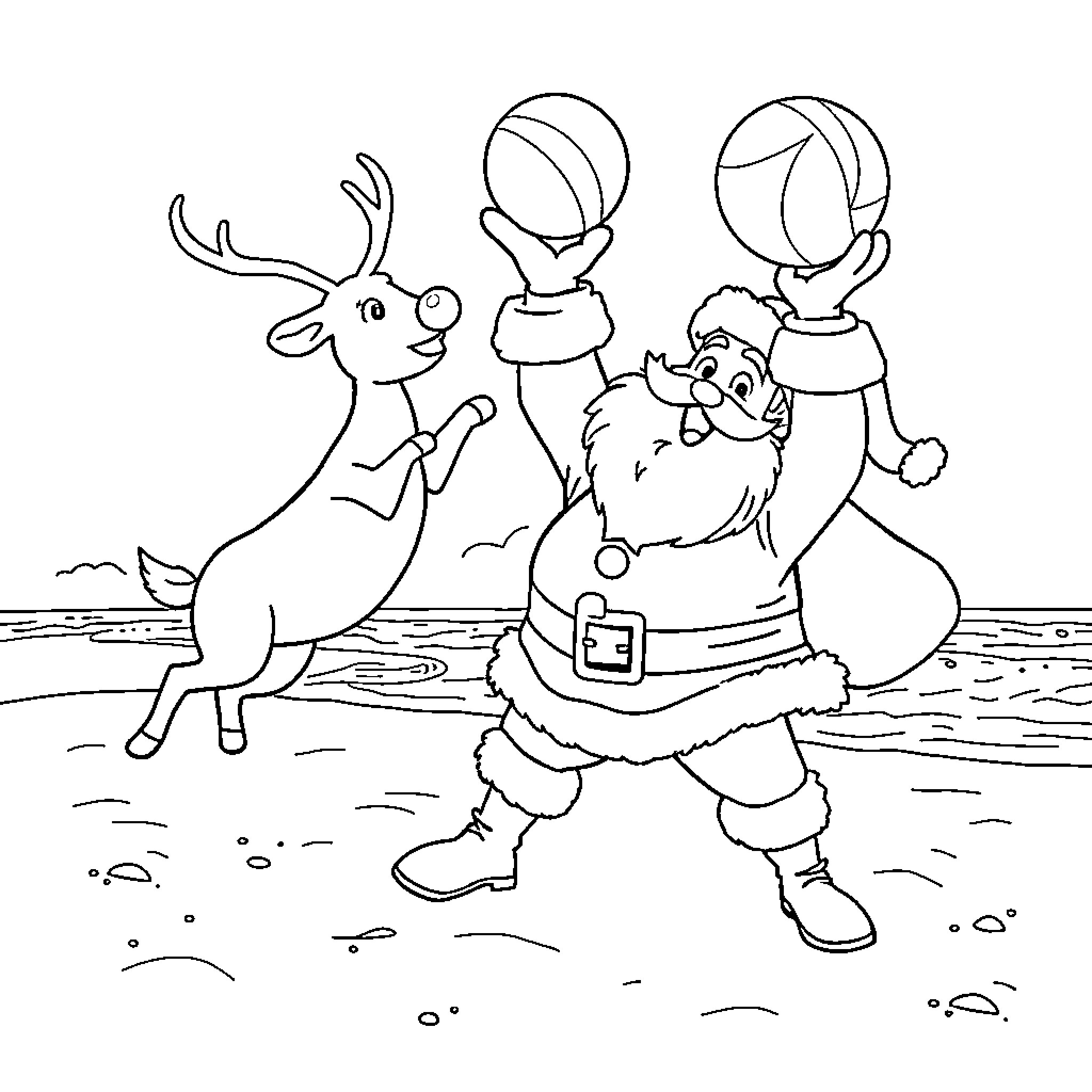 Santa playing joyfully with reindeer and toys Coloring Page (free black-and-white line drawing printable PDF for all, from beginners to advanced learners, including children, teens, adults, and seniors)