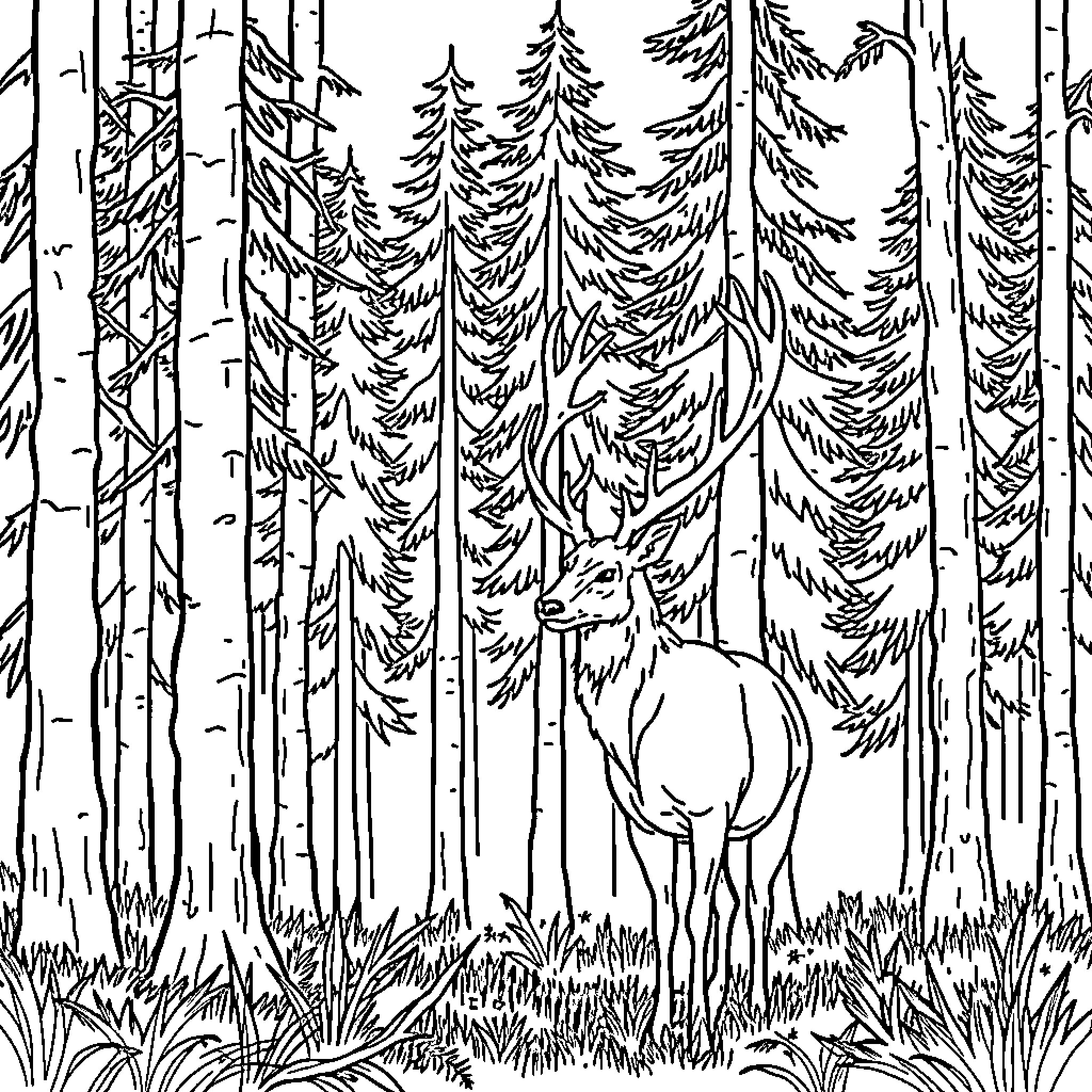 Stag standing amidst towering pine trees in the forest Coloring Page (free black-and-white line drawing printable PDF for all, from beginners to advanced learners, including children, teens, adults, and seniors)