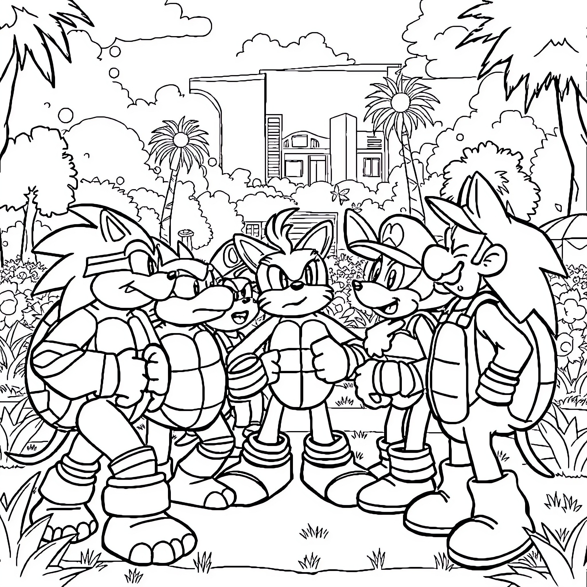 Turtle friends on a tropical adventure Coloring Page (free black-and-white line drawing printable PDF for all, from beginners to advanced learners, including children, teens, adults, and seniors)