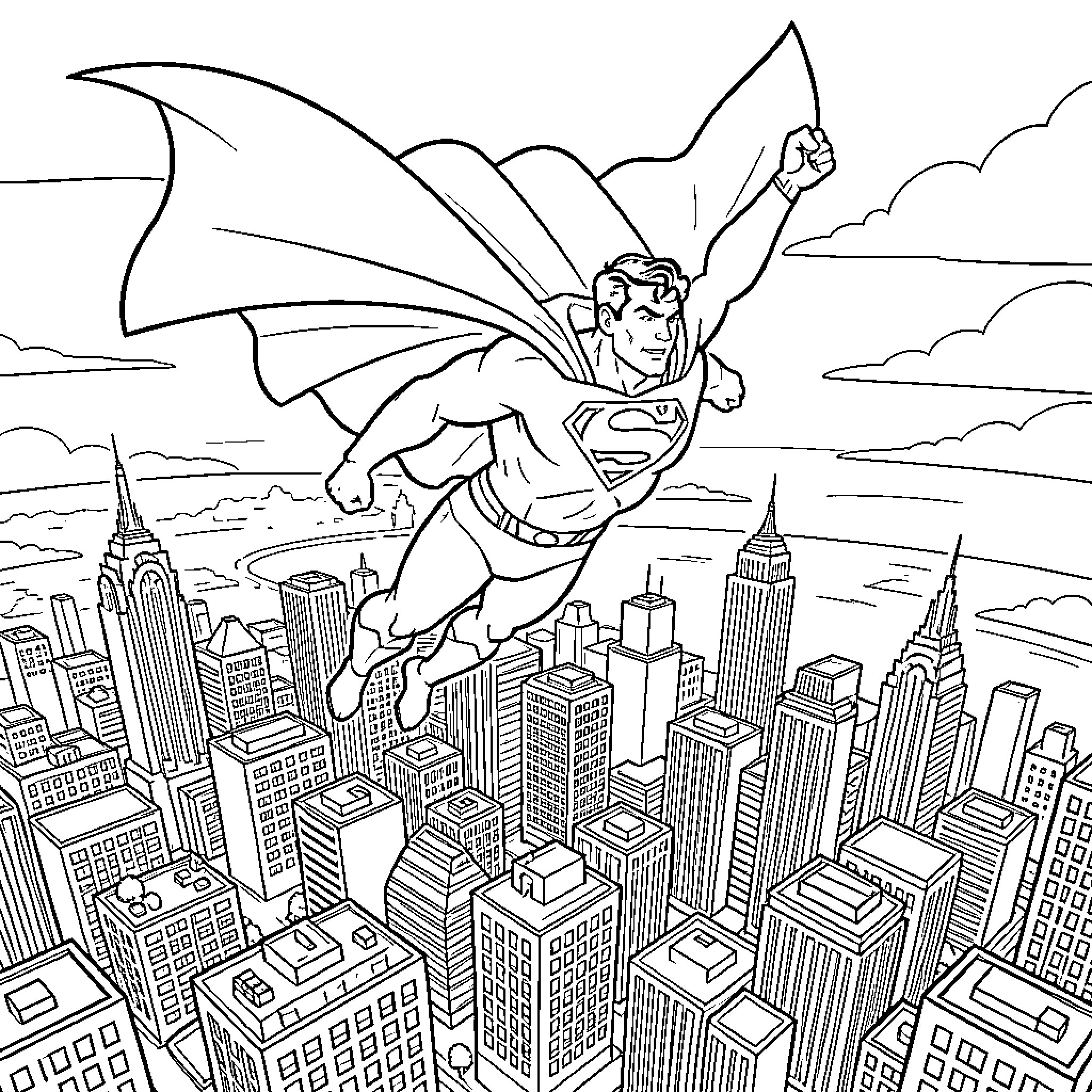 Superman flying heroically above a sprawling city skyline Coloring Page (free black-and-white line drawing printable PDF for all, from beginners to advanced learners, including children, teens, adults, and seniors)