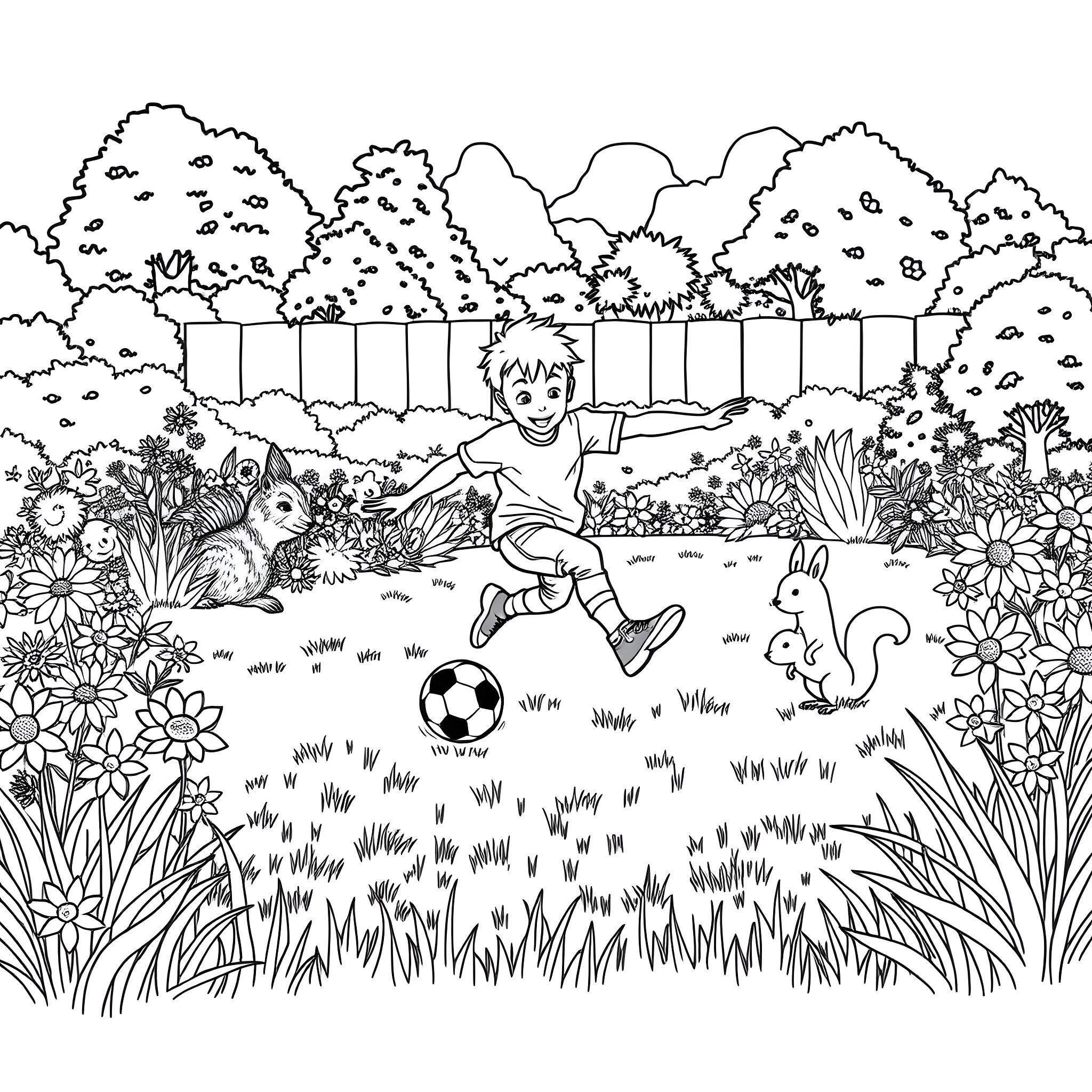 Boy playing happily with soccer ball in the garden Coloring Page (free black-and-white line drawing printable PDF for all, from beginners to advanced learners, including children, teens, adults, and seniors)