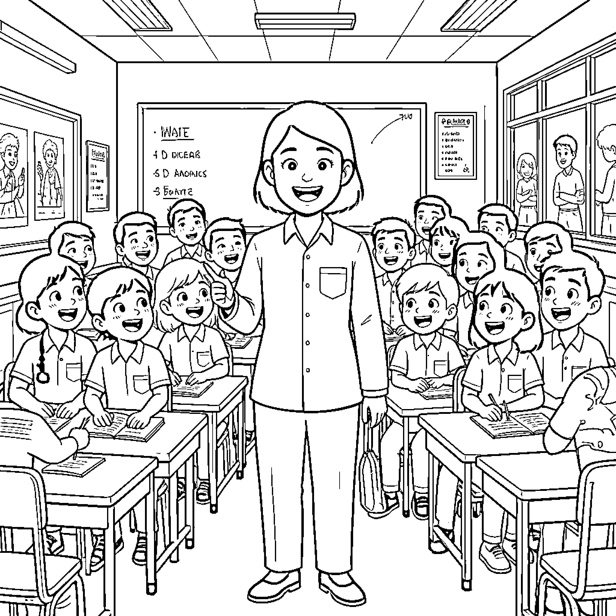 Teacher leading engaged students in classroom Coloring Page (free black-and-white line drawing printable PDF for all, from beginners to advanced learners, including children, teens, adults, and seniors)
