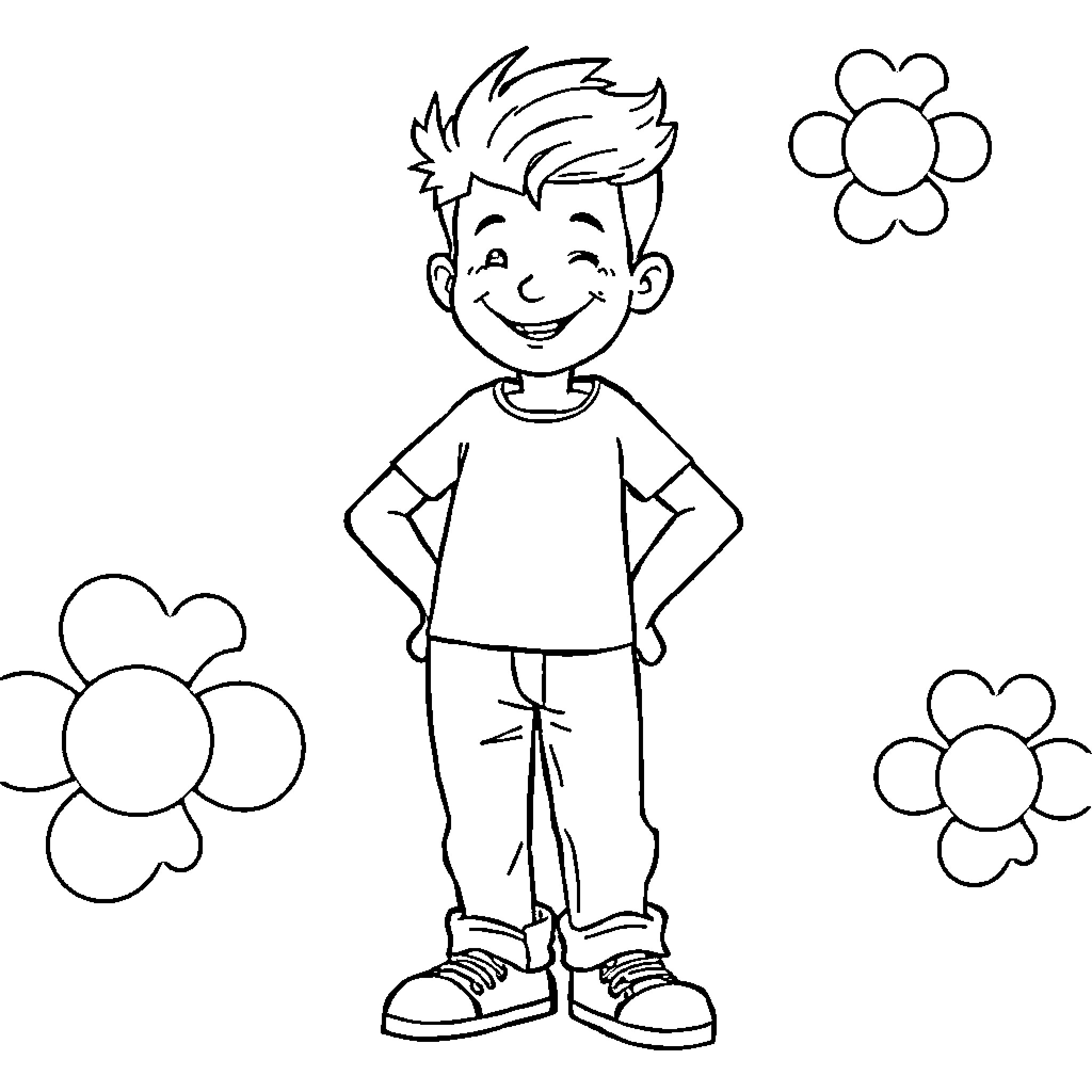 Eran Maniv's cheerful boy with flowers Coloring Page (free black-and-white line drawing printable PDF for all, from beginners to advanced learners, including children, teens, adults, and seniors)