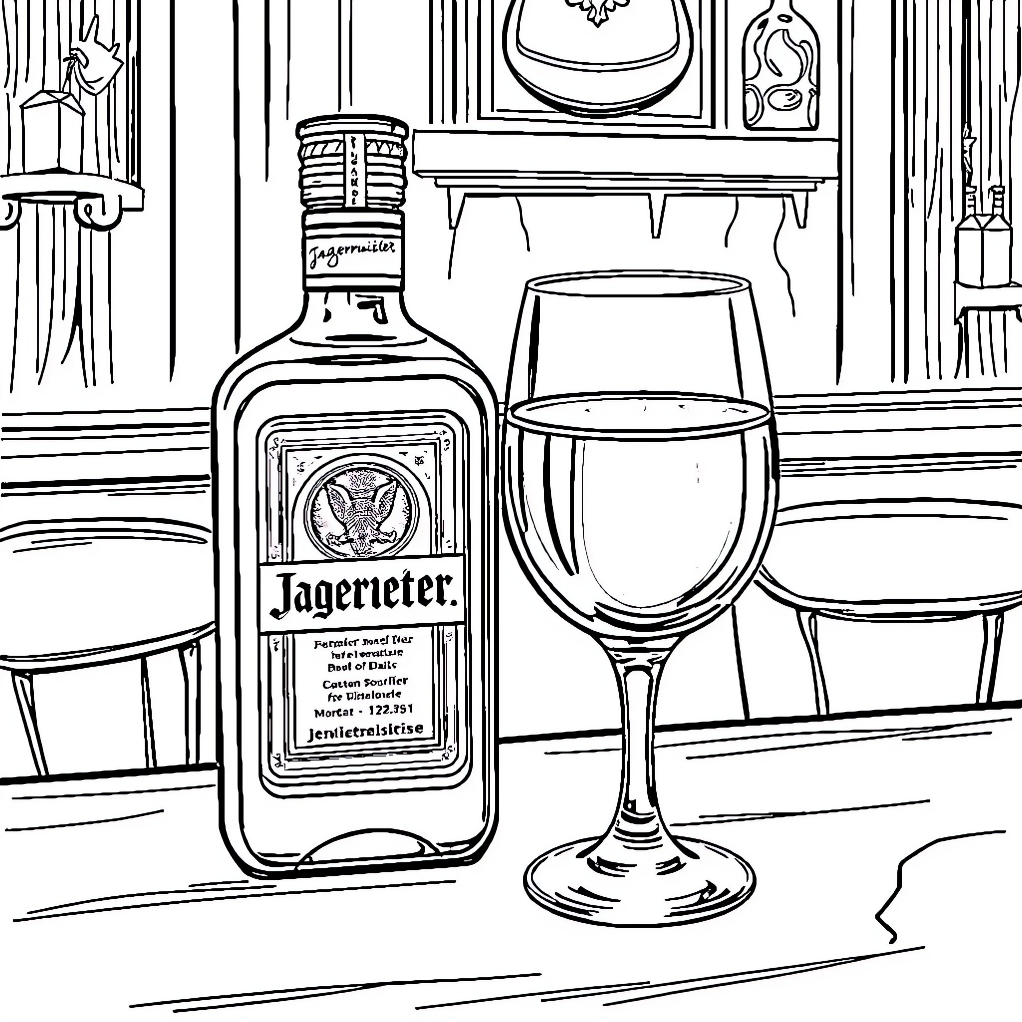 Jagermeister bottle and glass on rustic shelves Coloring Page (free black-and-white line drawing printable PDF for all, from beginners to advanced learners, including children, teens, adults, and seniors)