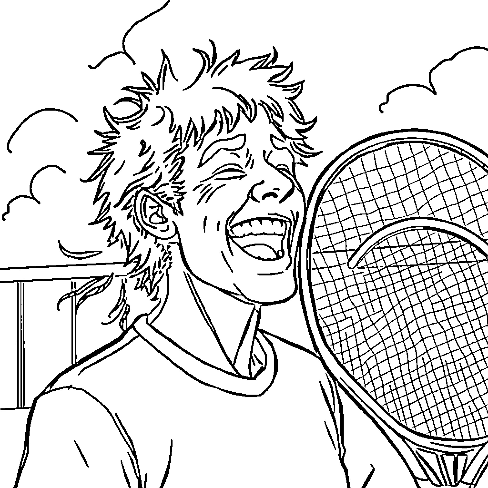 Tennis Player Triumphantly Celebrating on the Court Coloring Page (free black-and-white line drawing printable PDF for all, from beginners to advanced learners, including children, teens, adults, and seniors)