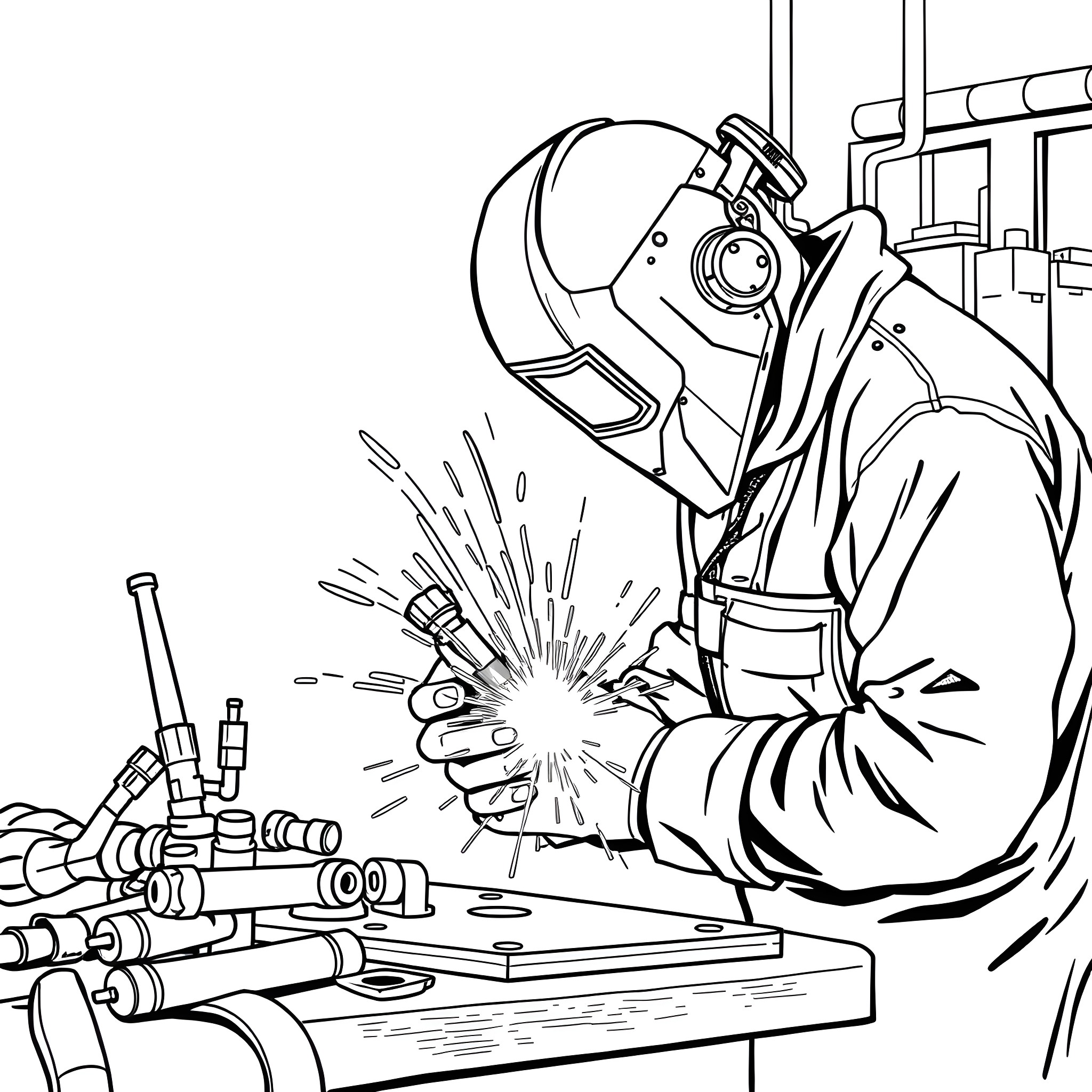 Welding work in industrial setting Coloring Page (free black-and-white line drawing printable PDF for all, from beginners to advanced learners, including children, teens, adults, and seniors)