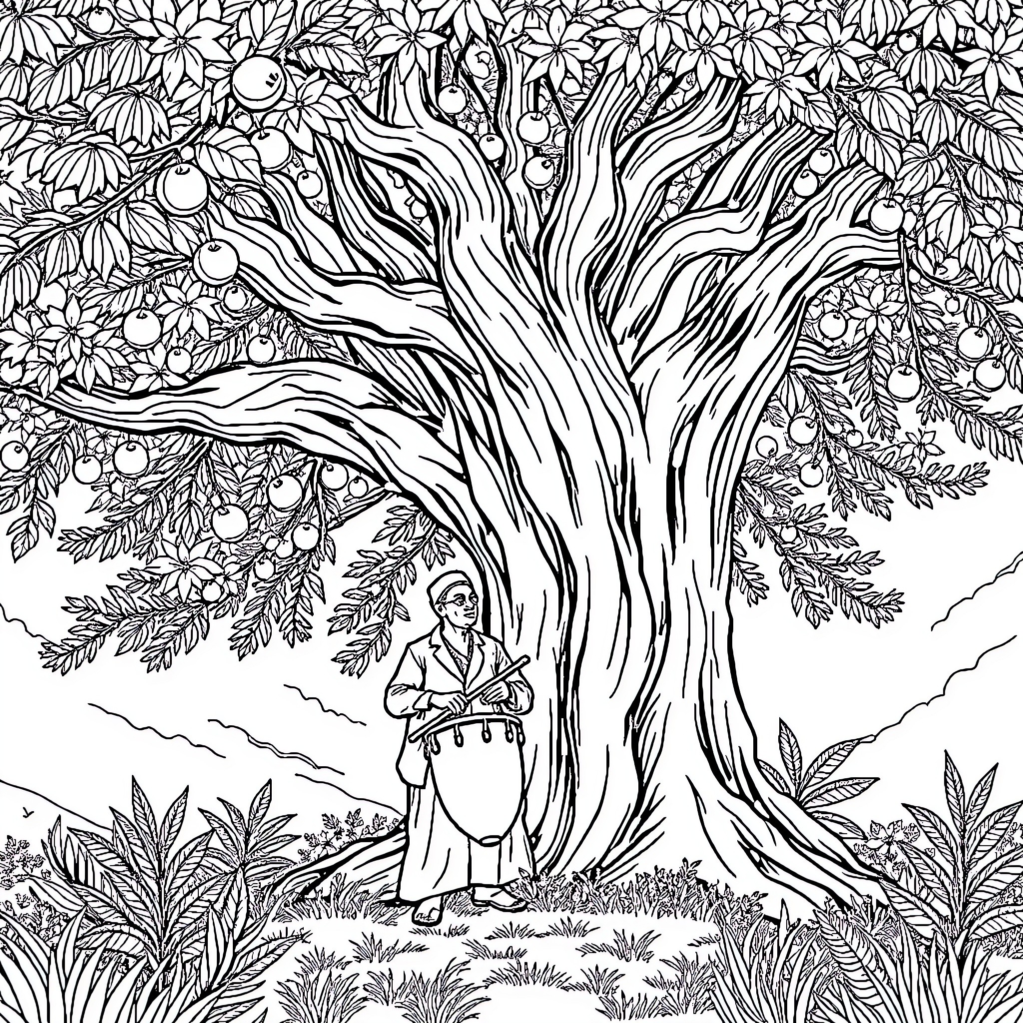 African Drummer Performing Rhythmic Beats Under a Majestic Tree Coloring Page (free black-and-white line drawing printable PDF for all, from beginners to advanced learners, including children, teens, adults, and seniors)