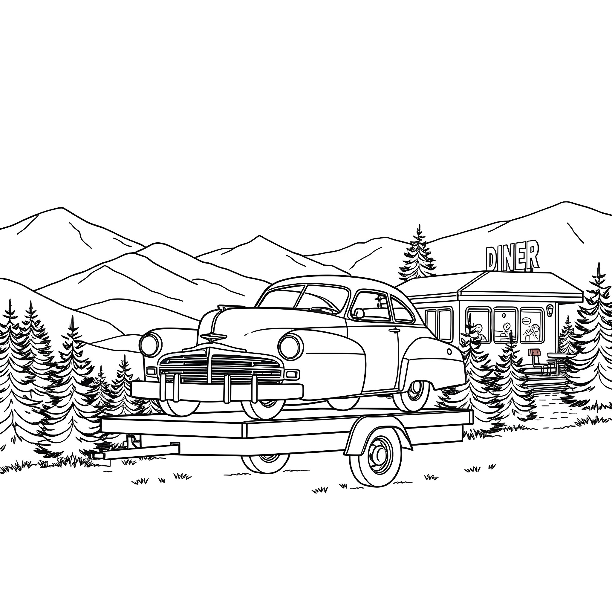 Classic Car Towed to Mountain Diner Amidst Scenic Landscape Coloring Page (free black-and-white line drawing printable PDF for all, from beginners to advanced learners, including children, teens, adults, and seniors)