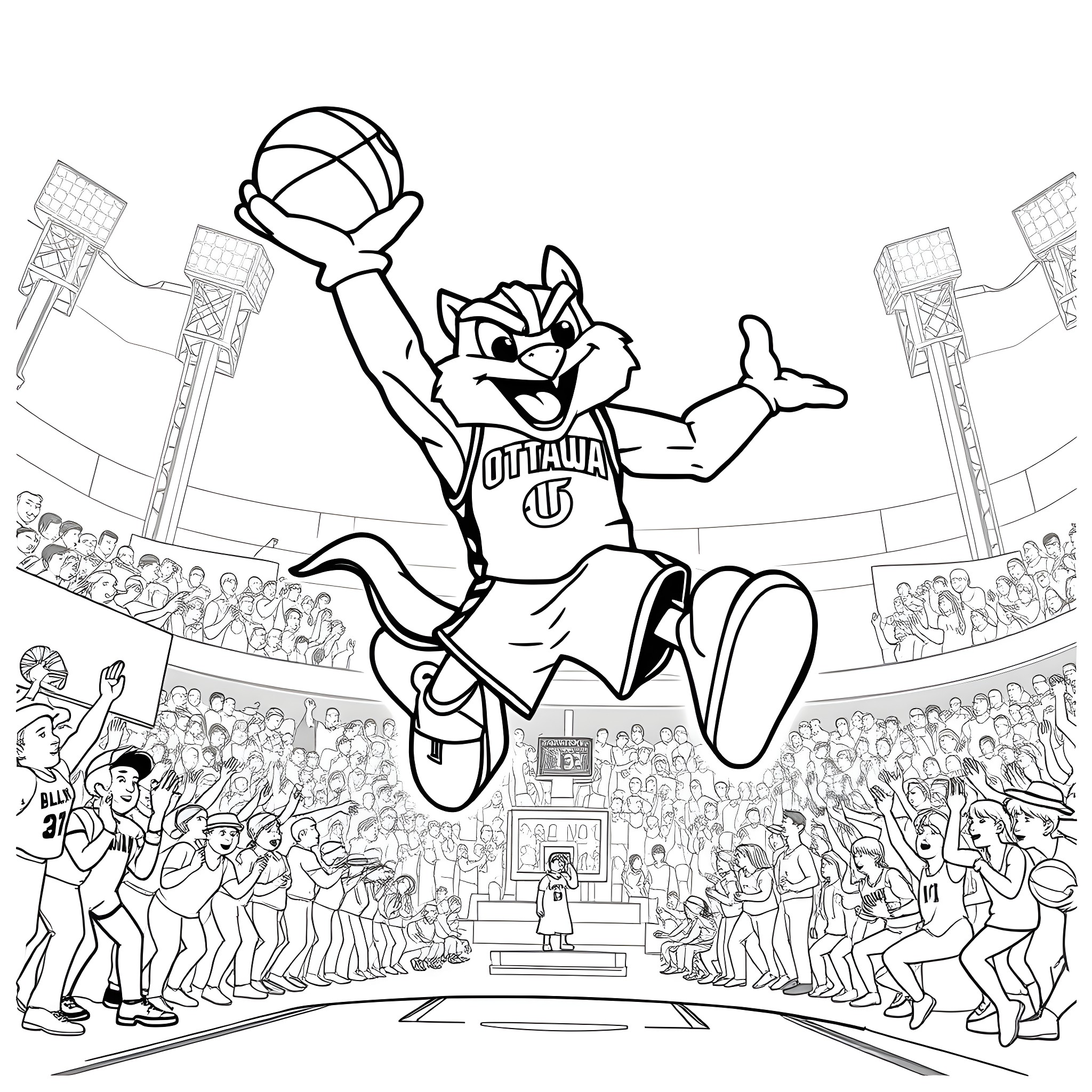 Mascot basketball player dunking in the arena Coloring Page (free black-and-white line drawing printable PDF for all, from beginners to advanced learners, including children, teens, adults, and seniors)
