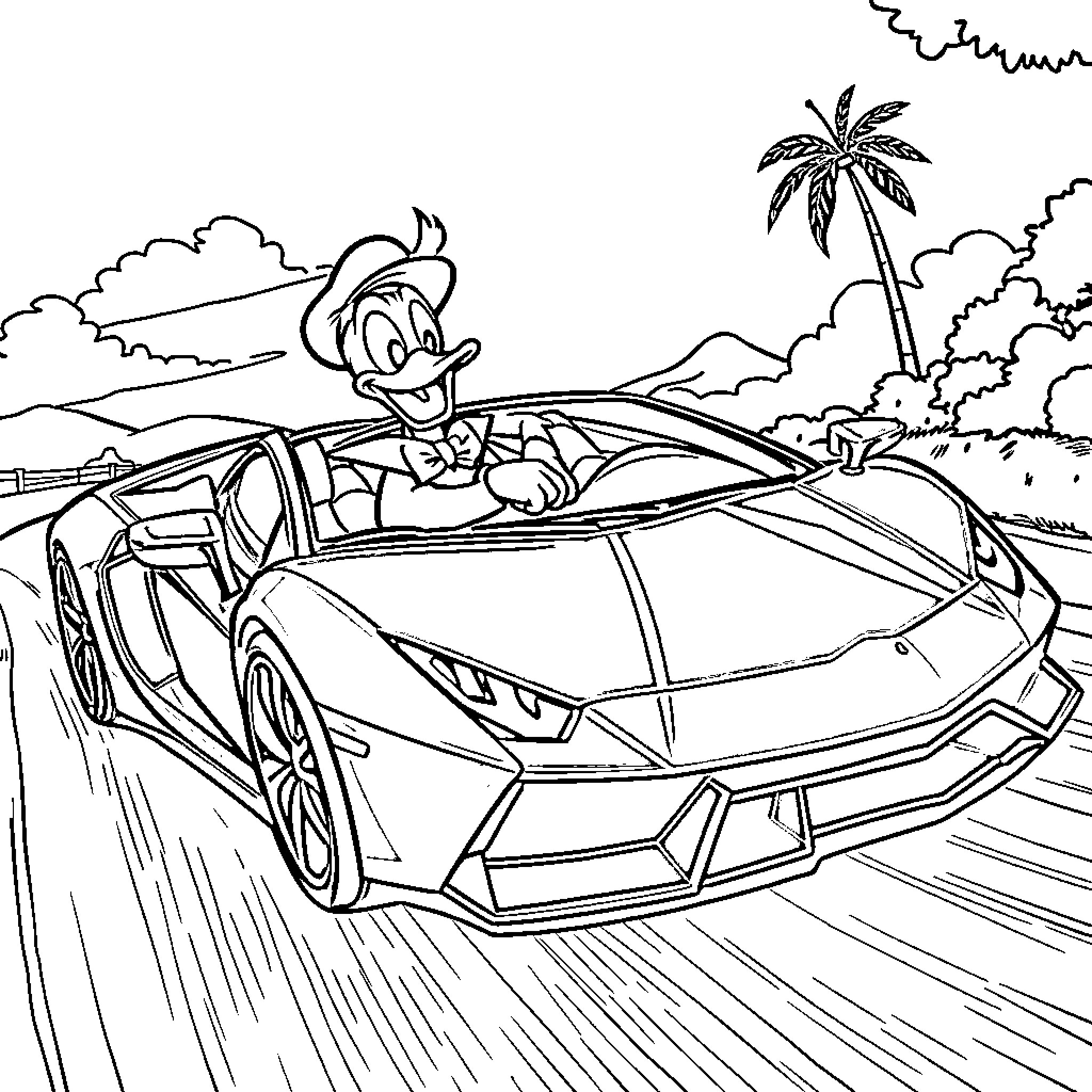 Donald Duck driving a fancy sports car in a tropical paradise Coloring Page (free black-and-white line drawing printable PDF for all, from beginners to advanced learners, including children, teens, adults, and seniors)