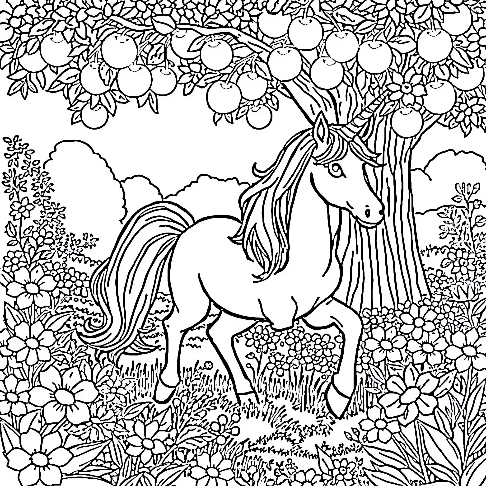 Unicorn strolling through enchanted garden Coloring Page (free black-and-white line drawing printable PDF for all, from beginners to advanced learners, including children, teens, adults, and seniors)