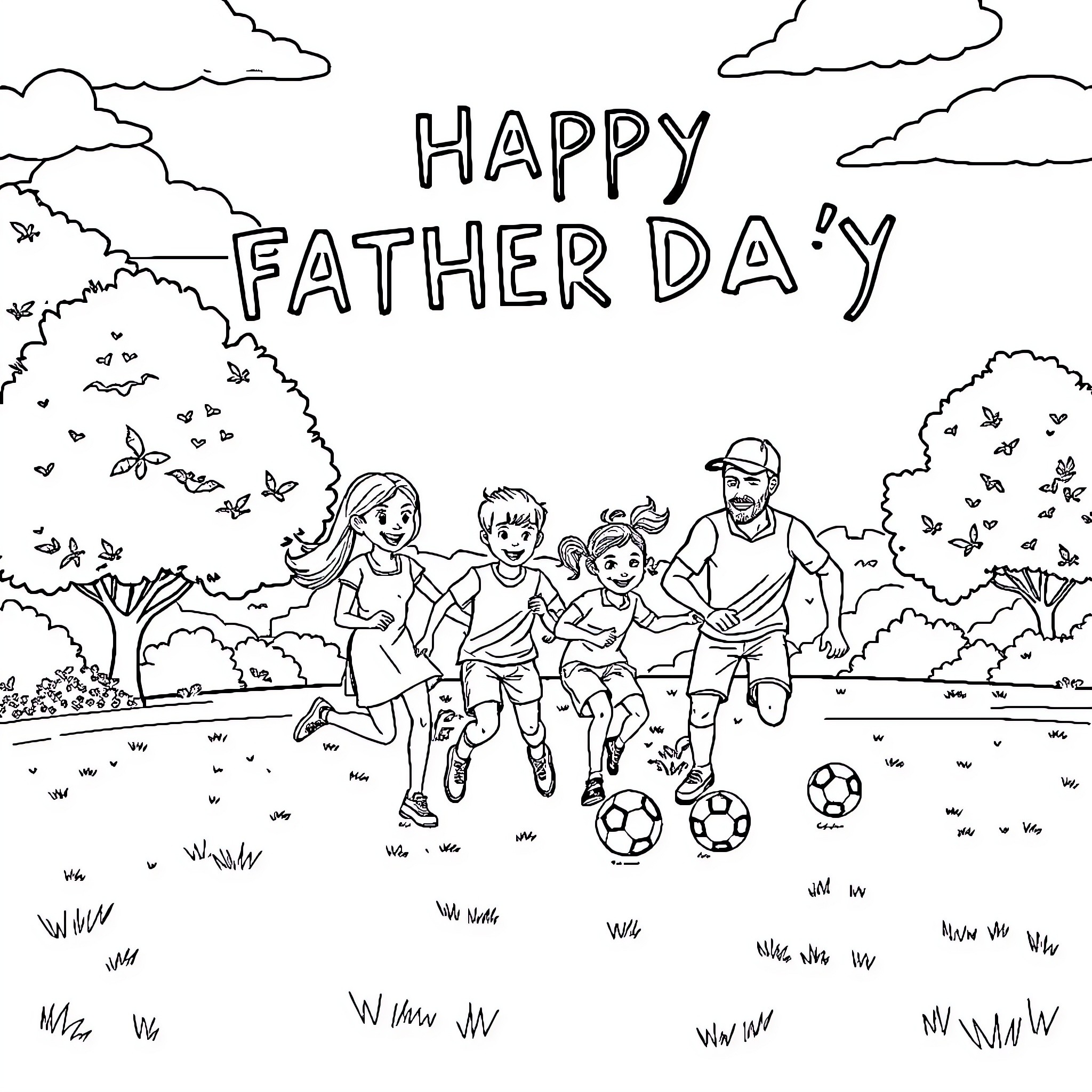 Father enjoying outdoor activities with family Coloring Page (free black-and-white line drawing printable PDF for all, from beginners to advanced learners, including children, teens, adults, and seniors)
