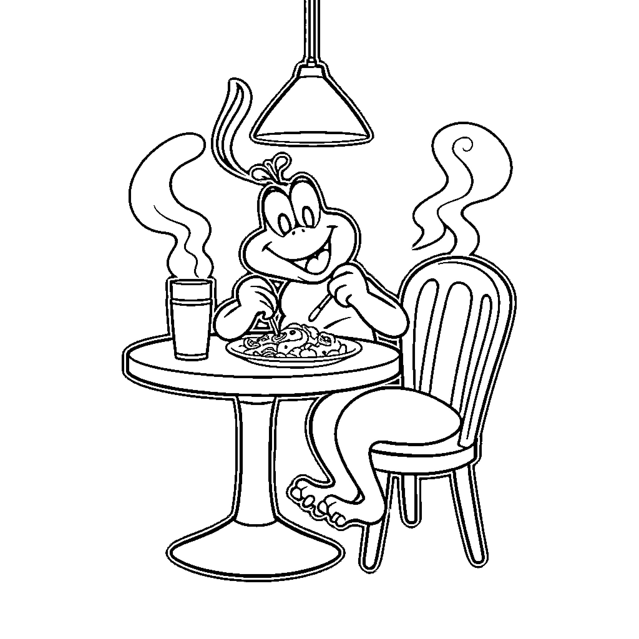 Plimplim enjoying a warm meal under a lamp Coloring Page (free black-and-white line drawing printable PDF for all, from beginners to advanced learners, including children, teens, adults, and seniors)