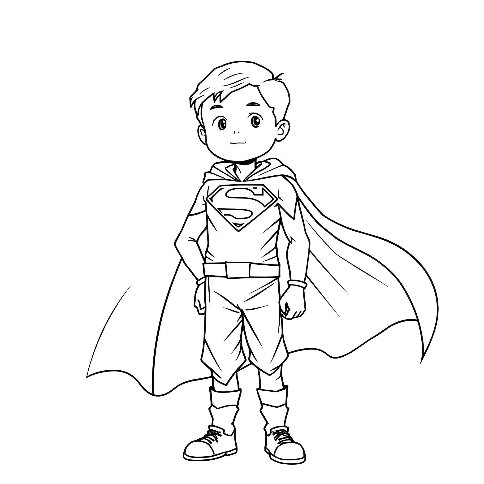 Kid superhero in action pose Coloring Page (free black-and-white line drawing printable PDF for all, from beginners to advanced learners, including children, teens, adults, and seniors)