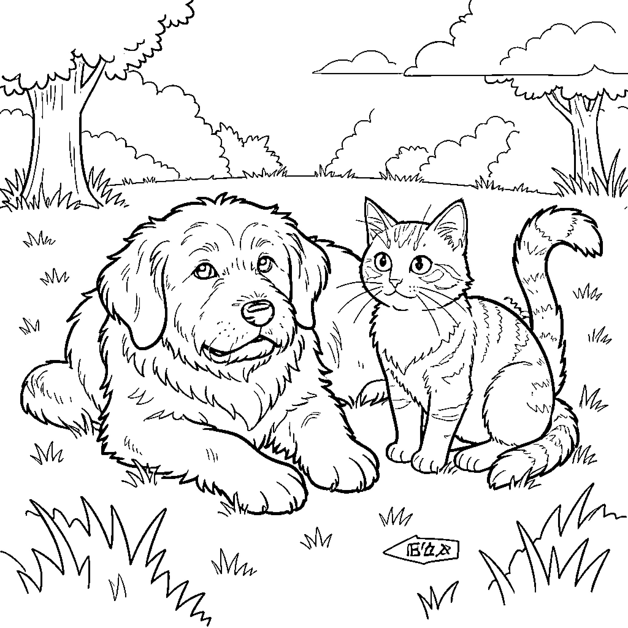 Dog and cat enjoying the outdoors Coloring Page (free black-and-white line drawing printable PDF for all, from beginners to advanced learners, including children, teens, adults, and seniors)