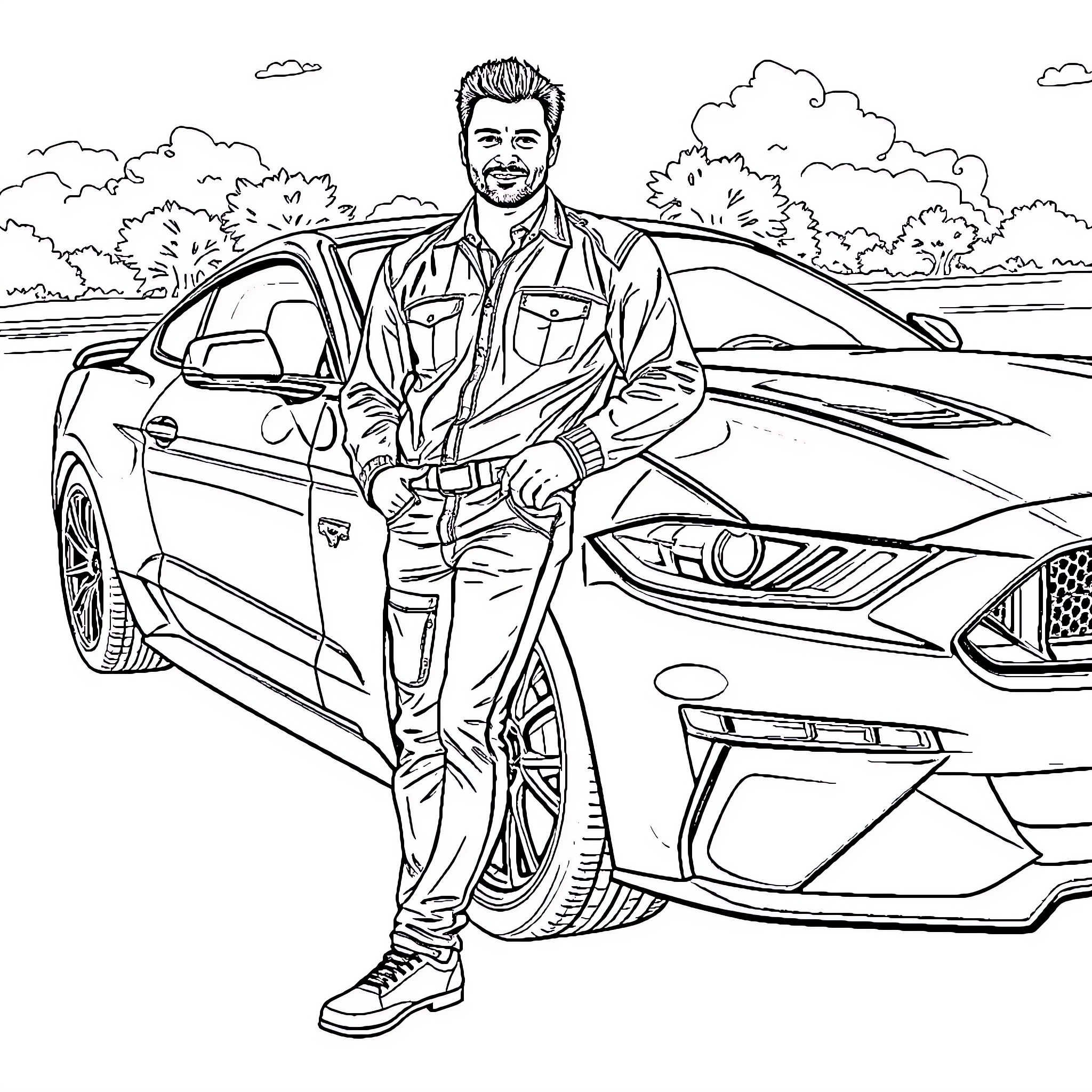 Mustang owner posing confidently beside his sports car Coloring Page (free black-and-white line drawing printable PDF for all, from beginners to advanced learners, including children, teens, adults, and seniors)