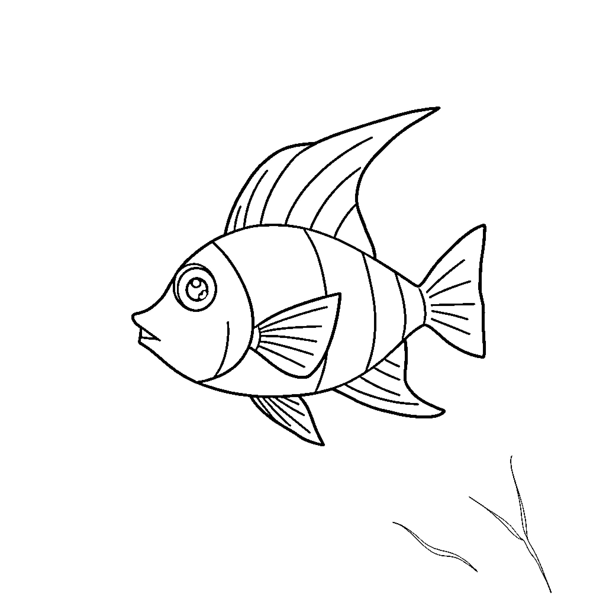 Angelfish swimming in the sea Coloring Page (free black-and-white line drawing printable PDF for all, from beginners to advanced learners, including children, teens, adults, and seniors)