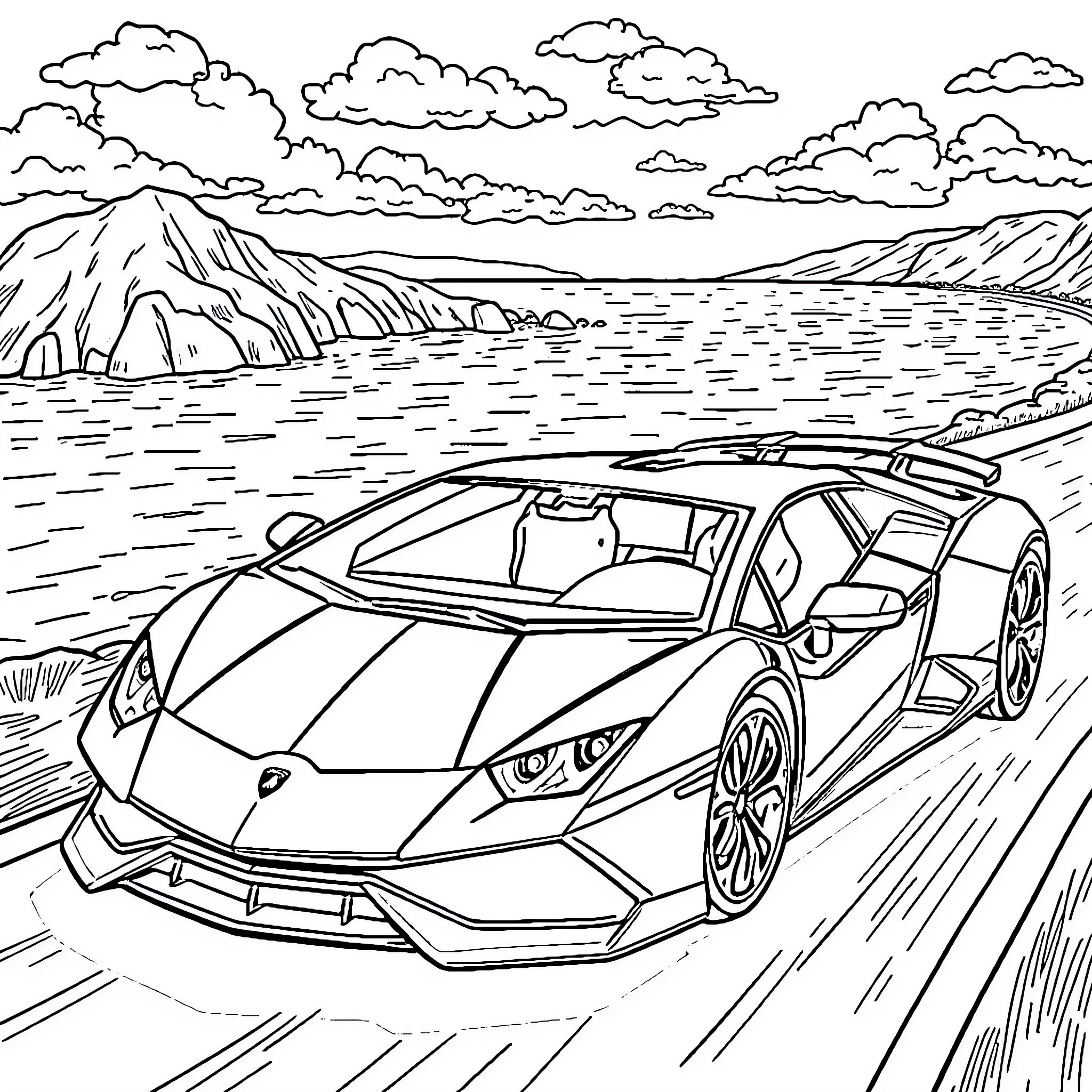 Lamborghini speeding through the scenic landscape Coloring Page (free black-and-white line drawing printable PDF for all, from beginners to advanced learners, including children, teens, adults, and seniors)