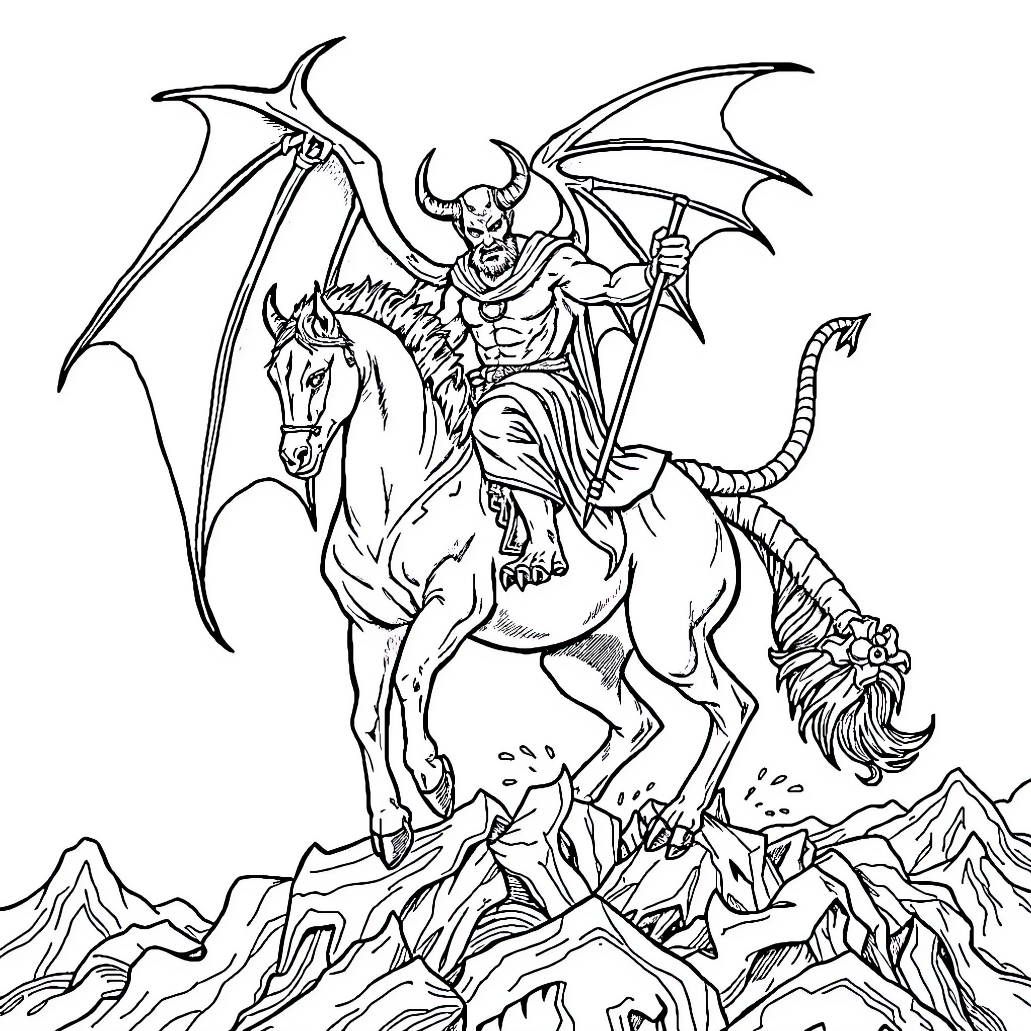 Devil Warrior Riding Winged Steed Amid Rugged Mountains Coloring Page (free black-and-white line drawing printable PDF for all, from beginners to advanced learners, including children, teens, adults, and seniors)