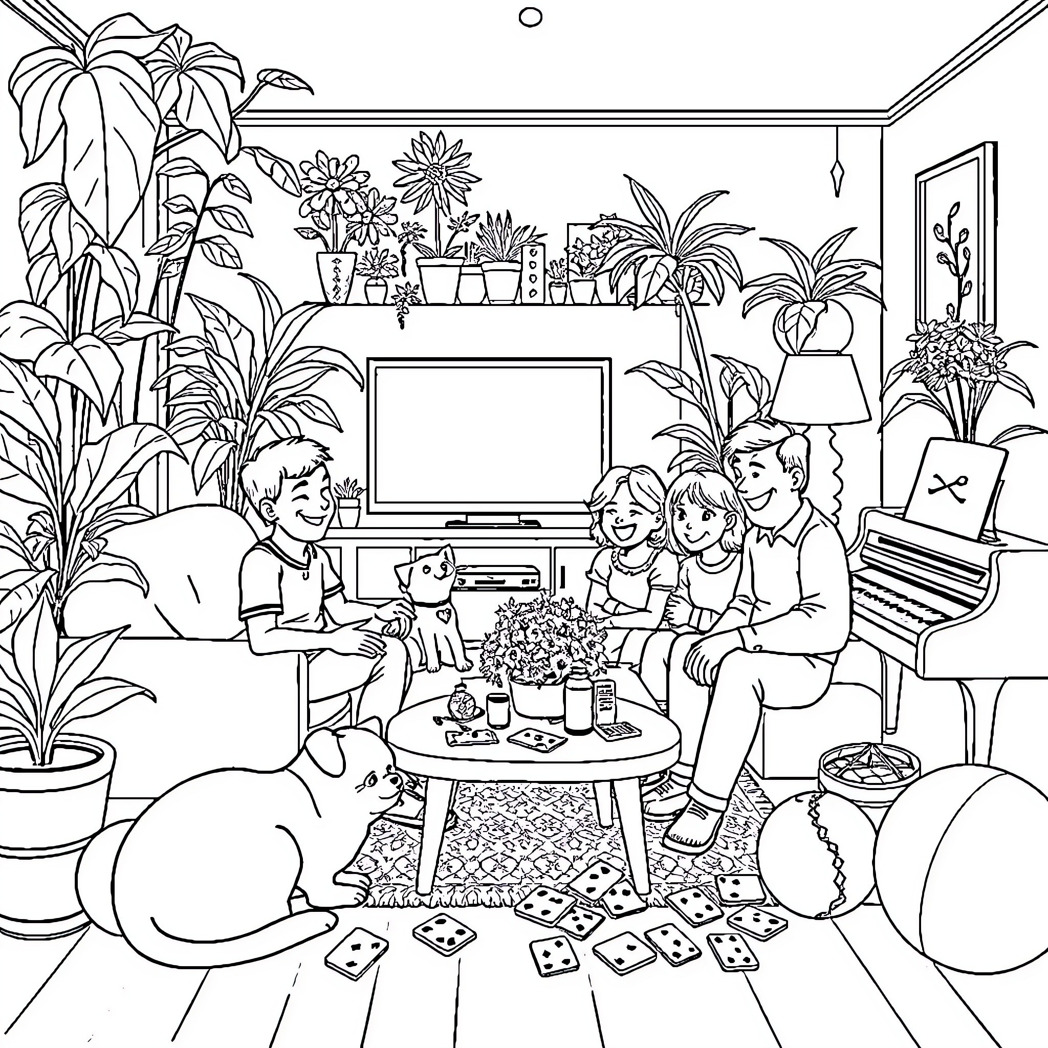Family Enjoying Quality Time Together at Home Coloring Page (free black-and-white line drawing printable PDF for all, from beginners to advanced learners, including children, teens, adults, and seniors)