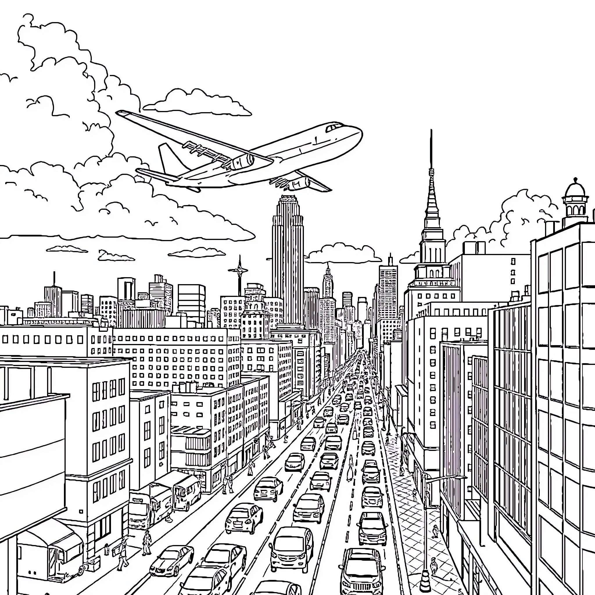 Plane soaring over a bustling city skyline Coloring Page (free black-and-white line drawing printable PDF for all, from beginners to advanced learners, including children, teens, adults, and seniors)