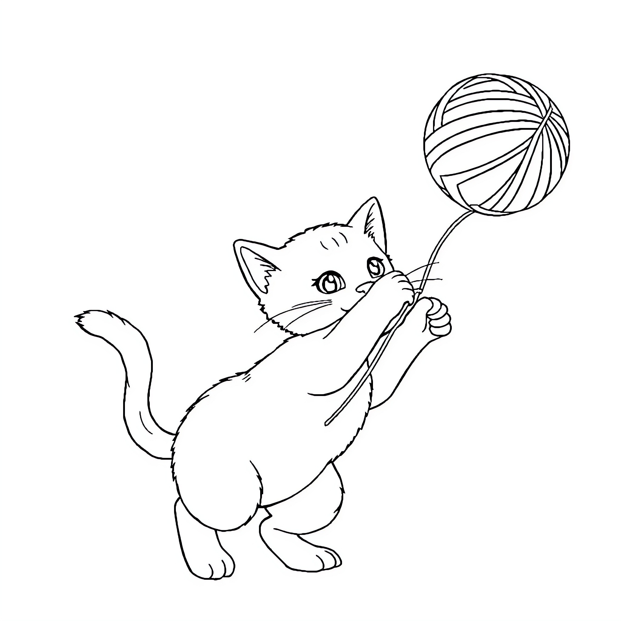 Cat playing with ball of yarn Coloring Page (free black-and-white line drawing printable PDF for all, from beginners to advanced learners, including children, teens, adults, and seniors)