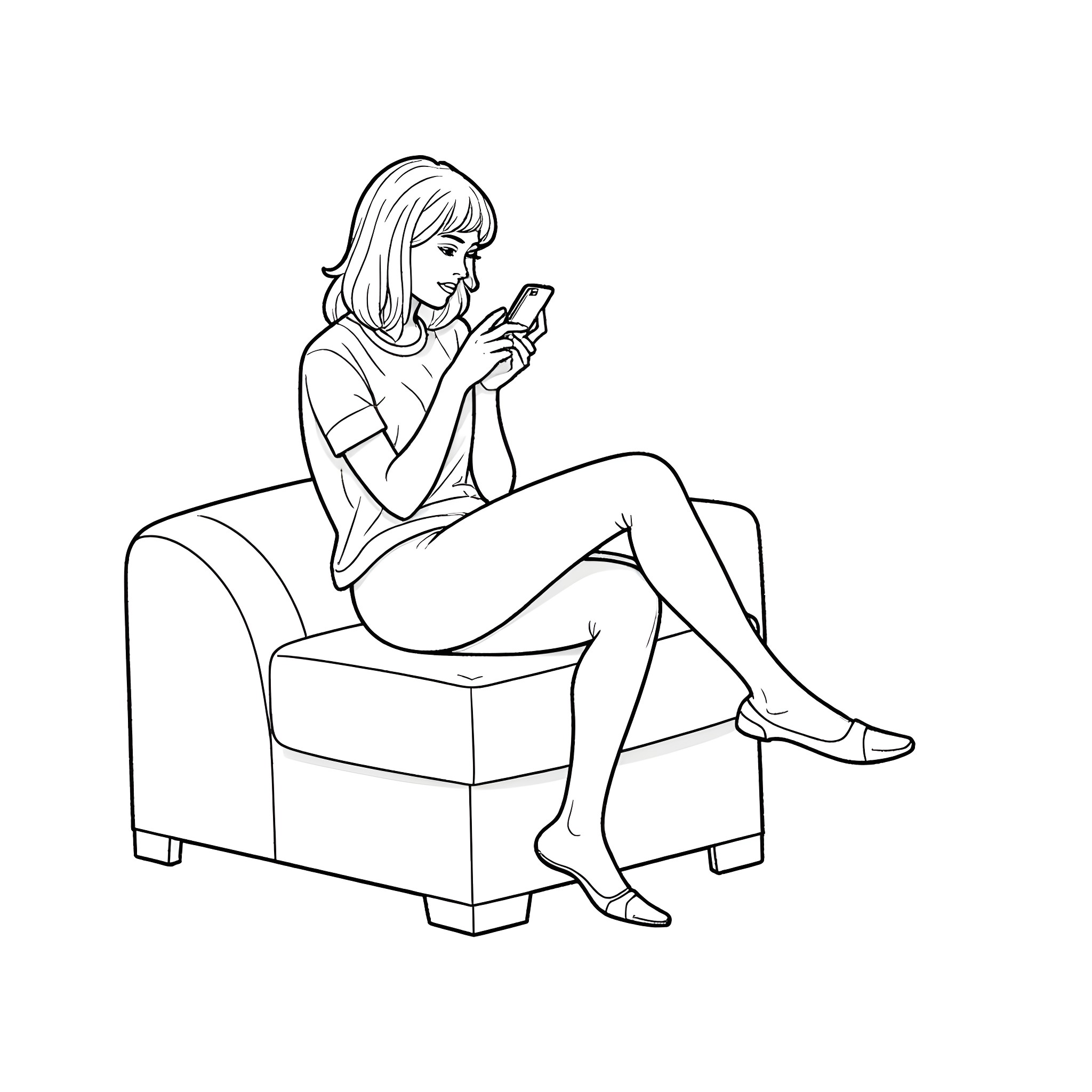 Wife relaxing and using mobile phone on couch Coloring Page (free black-and-white line drawing printable PDF for all, from beginners to advanced learners, including children, teens, adults, and seniors)