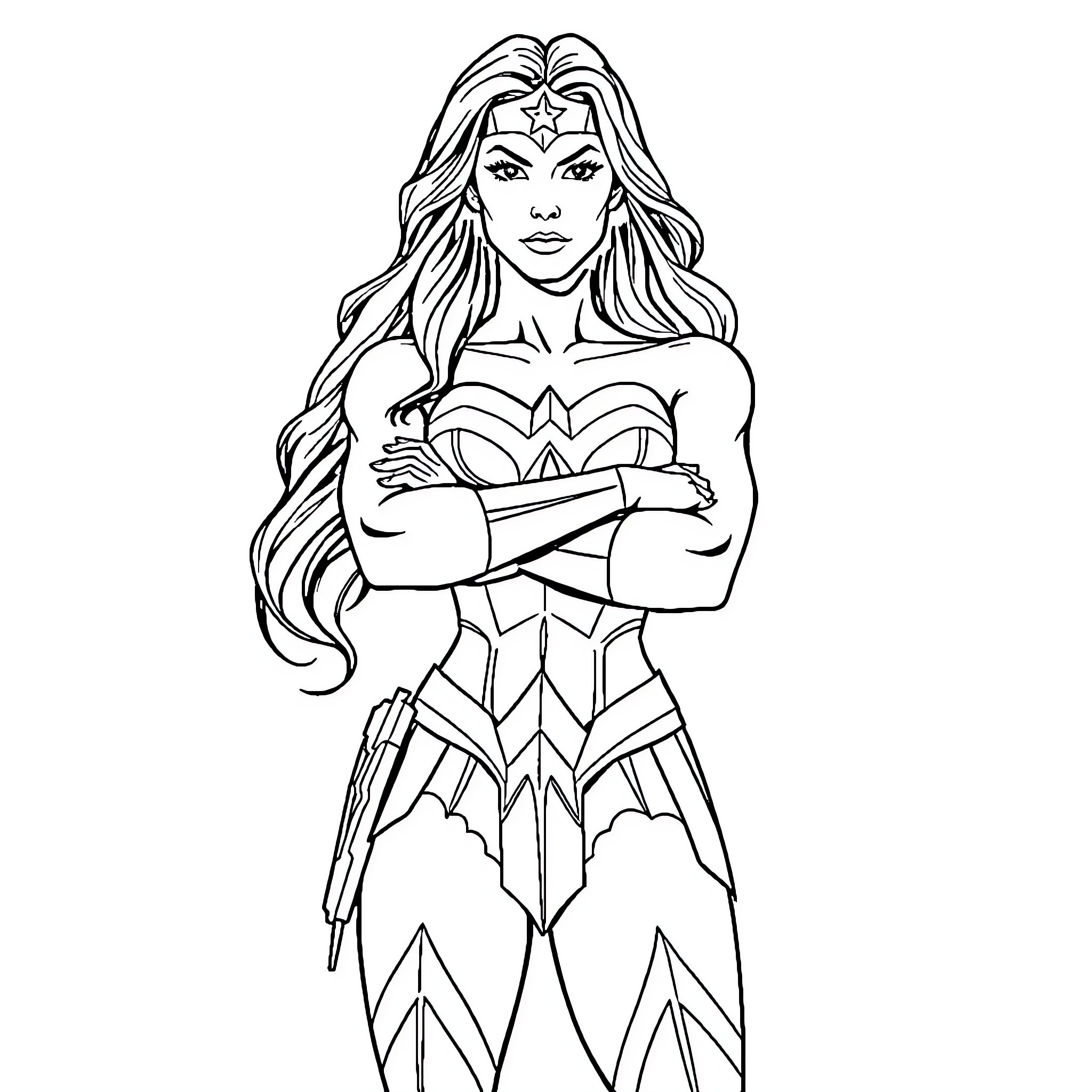Wonder Woman with determined expression in heroic outfit Coloring Page (free black-and-white line drawing printable PDF for all, from beginners to advanced learners, including children, teens, adults, and seniors)