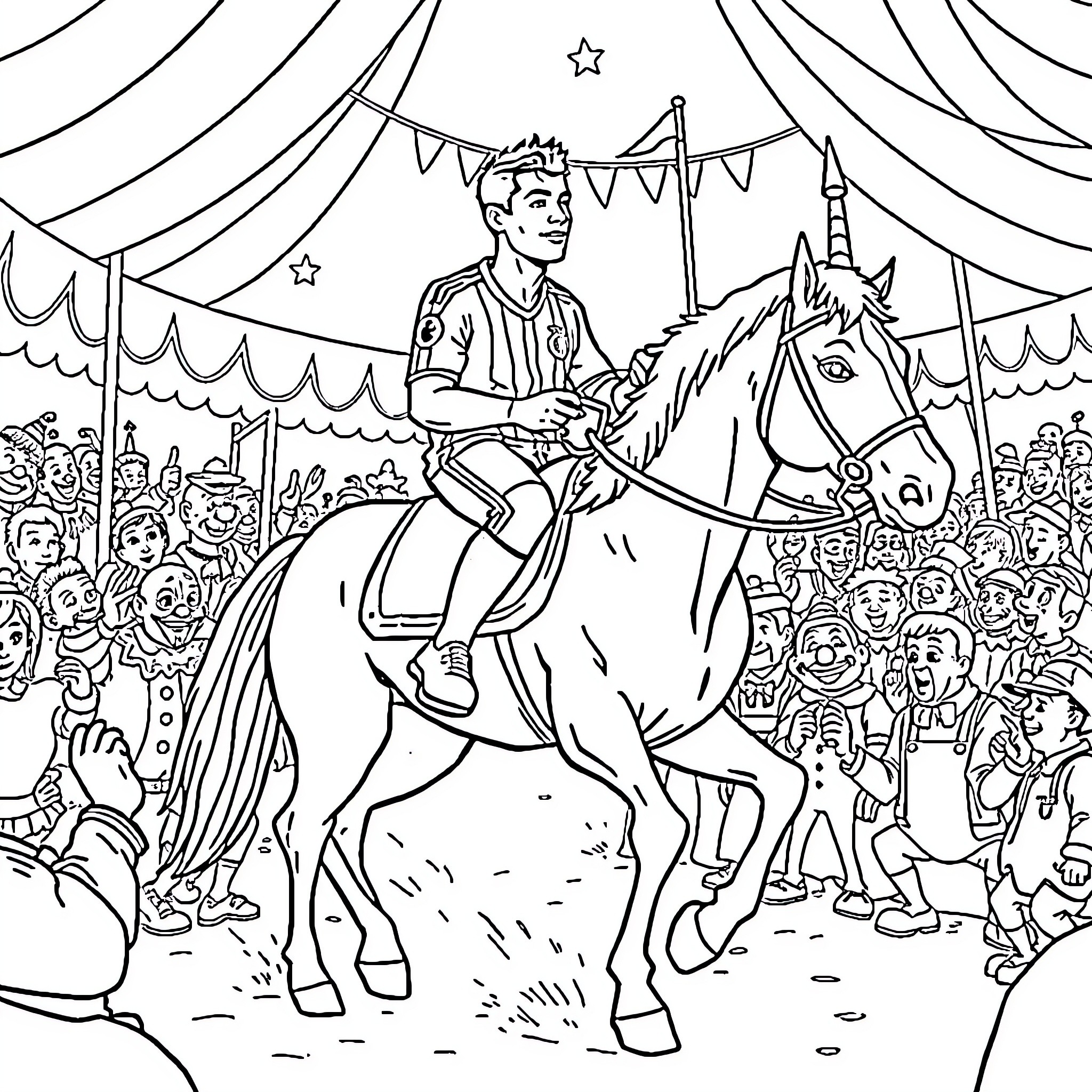 Cristiano Ronaldo performing acrobatic stunts on a horse at a circus show Coloring Page (free black-and-white line drawing printable PDF for all, from beginners to advanced learners, including children, teens, adults, and seniors)
