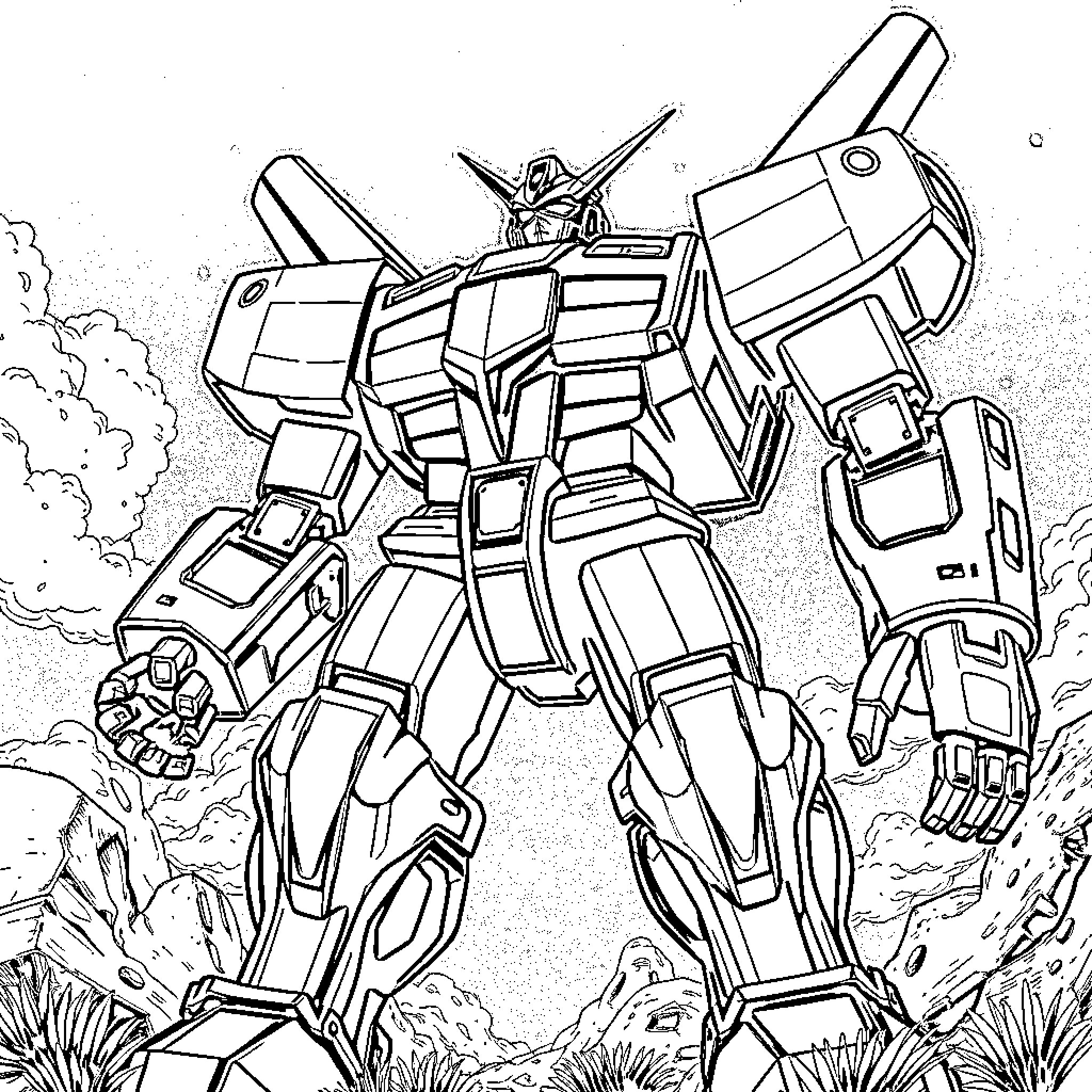 Goldorak's epic battle against mechanical foes Coloring Page (free black-and-white line drawing printable PDF for all, from beginners to advanced learners, including children, teens, adults, and seniors)