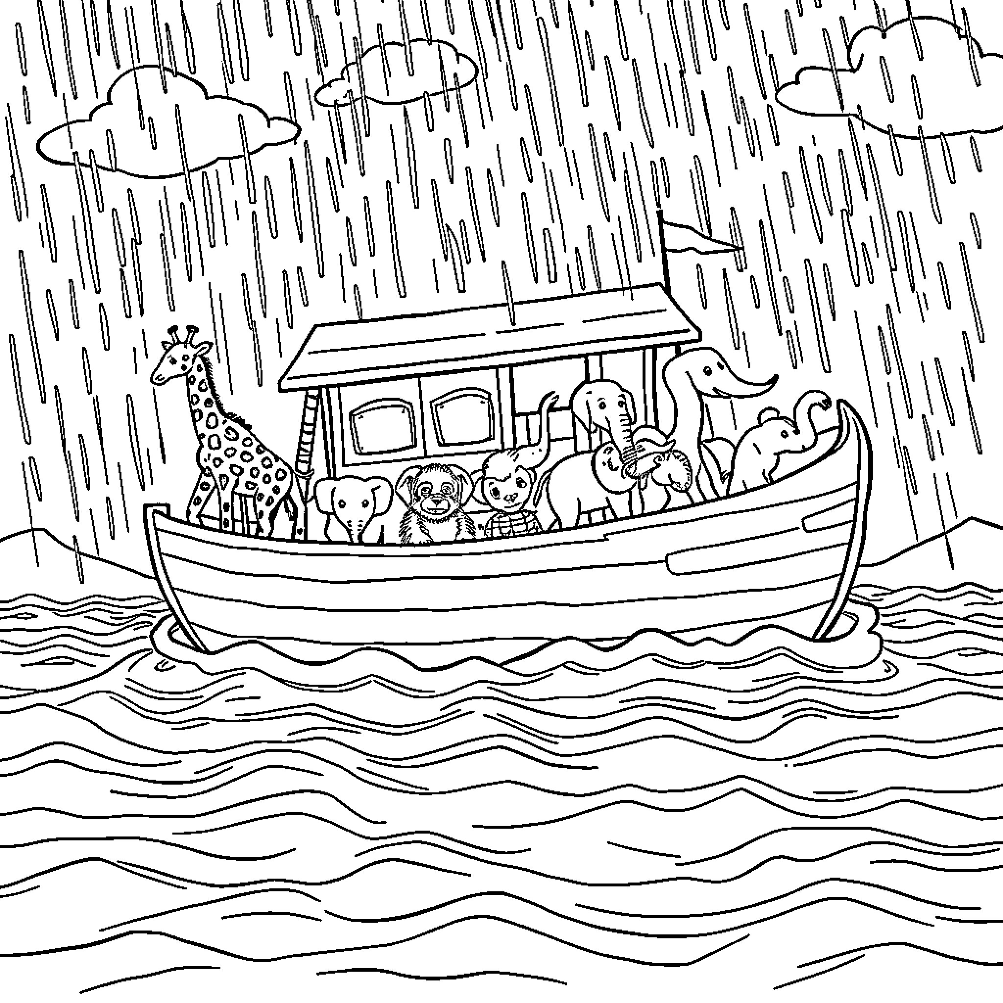 Noah's Ark sailing through the stormy seas Coloring Page (free black-and-white line drawing printable PDF for all, from beginners to advanced learners, including children, teens, adults, and seniors)