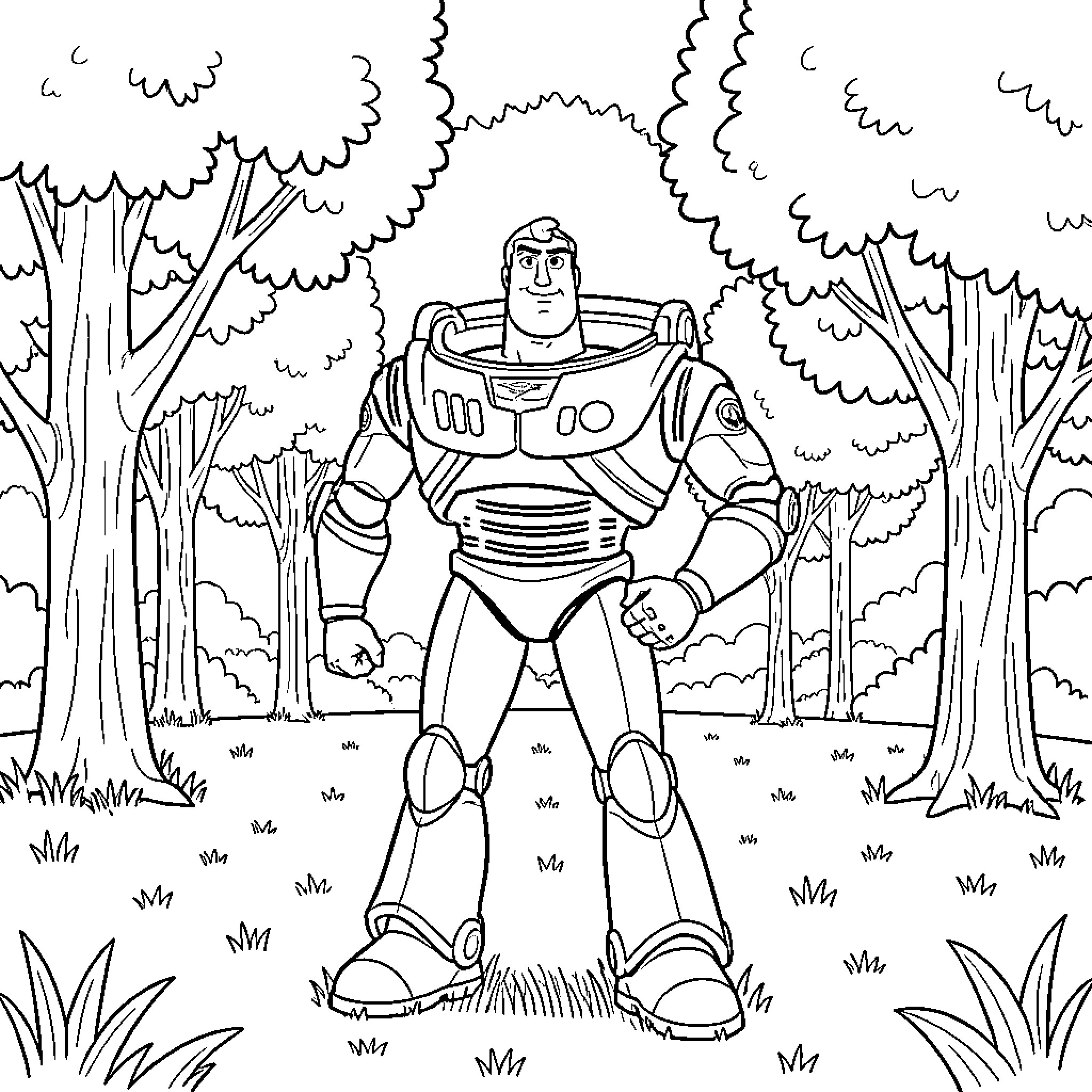 Buzz Lightyear standing heroically in a forest Coloring Page (free black-and-white line drawing printable PDF for all, from beginners to advanced learners, including children, teens, adults, and seniors)