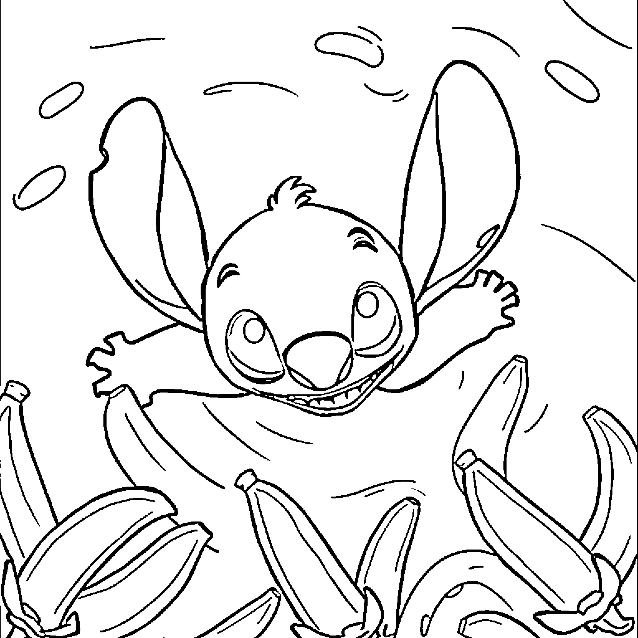 Stitch smiling and surrounded by bananas Coloring Page (free black-and-white line drawing printable PDF for all, from beginners to advanced learners, including children, teens, adults, and seniors)