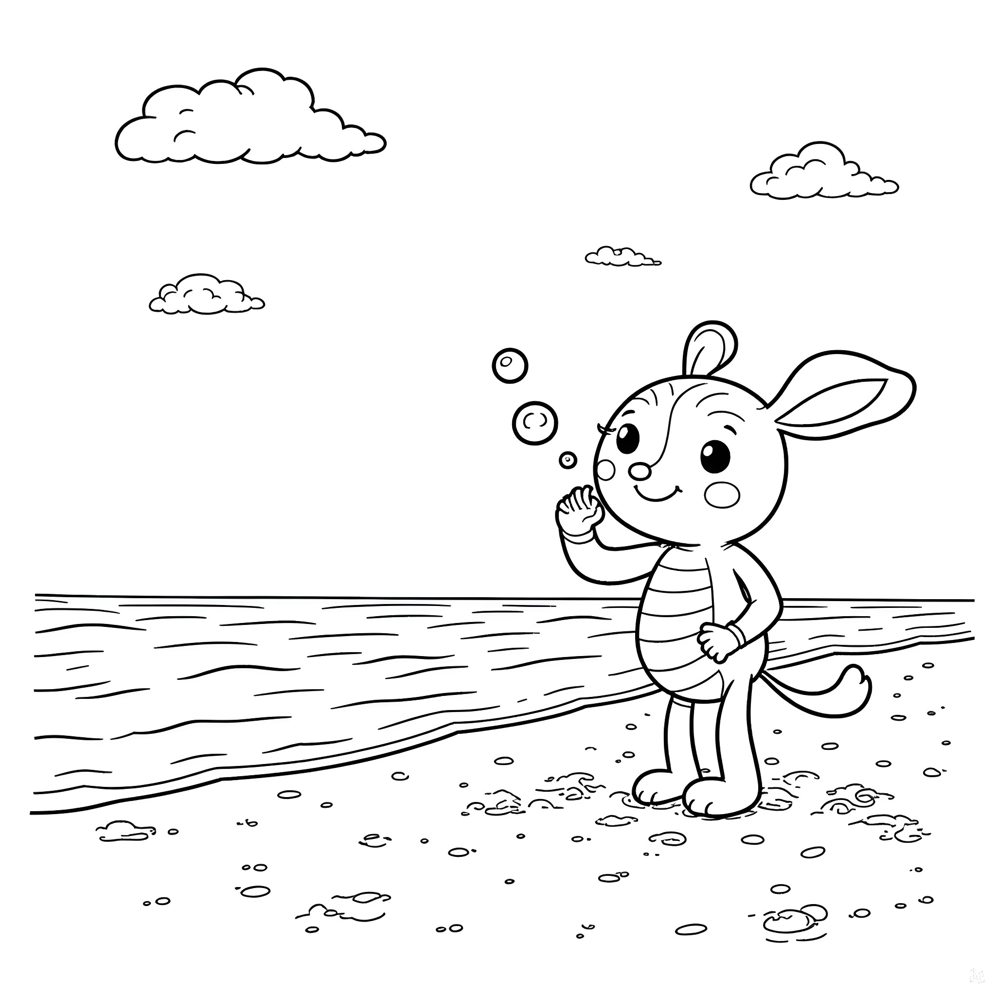 Bluey playing happily by the sea Coloring Page (free black-and-white line drawing printable PDF for all, from beginners to advanced learners, including children, teens, adults, and seniors)