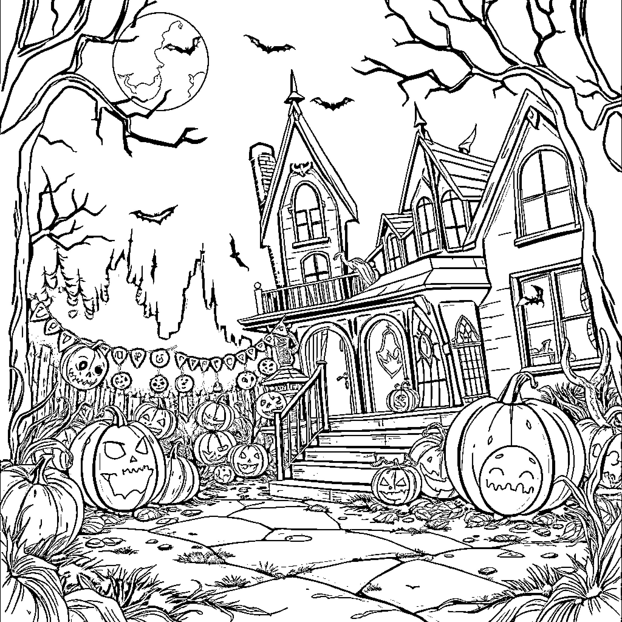 Halloween Haunted House and Spooky Celebration Coloring Page (free black-and-white line drawing printable PDF for all, from beginners to advanced learners, including children, teens, adults, and seniors)
