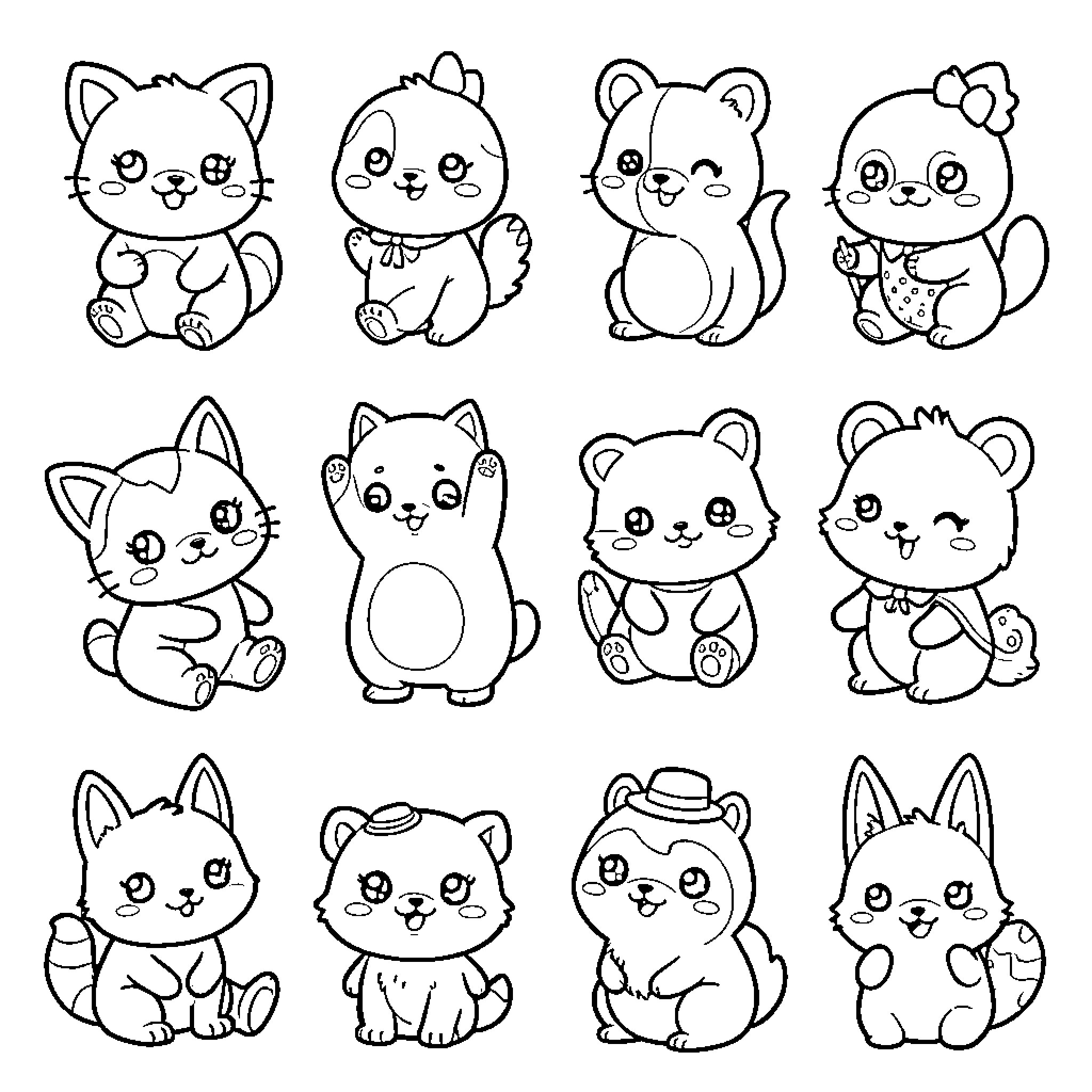 Kawaii collection of cute animals with happy expressions Coloring Page (free black-and-white line drawing printable PDF for all, from beginners to advanced learners, including children, teens, adults, and seniors)