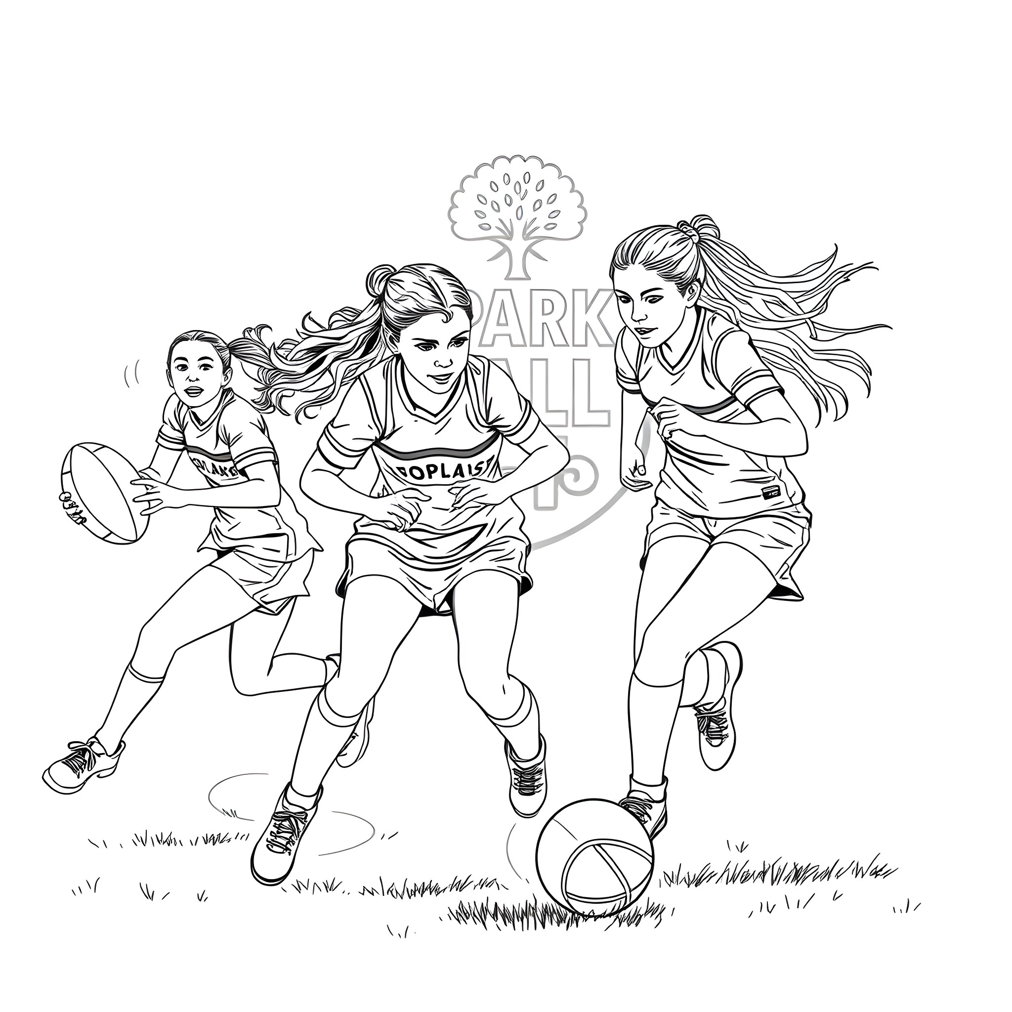 Girls playing soccer with enthusiasm Coloring Page (free black-and-white line drawing printable PDF for all, from beginners to advanced learners, including children, teens, adults, and seniors)