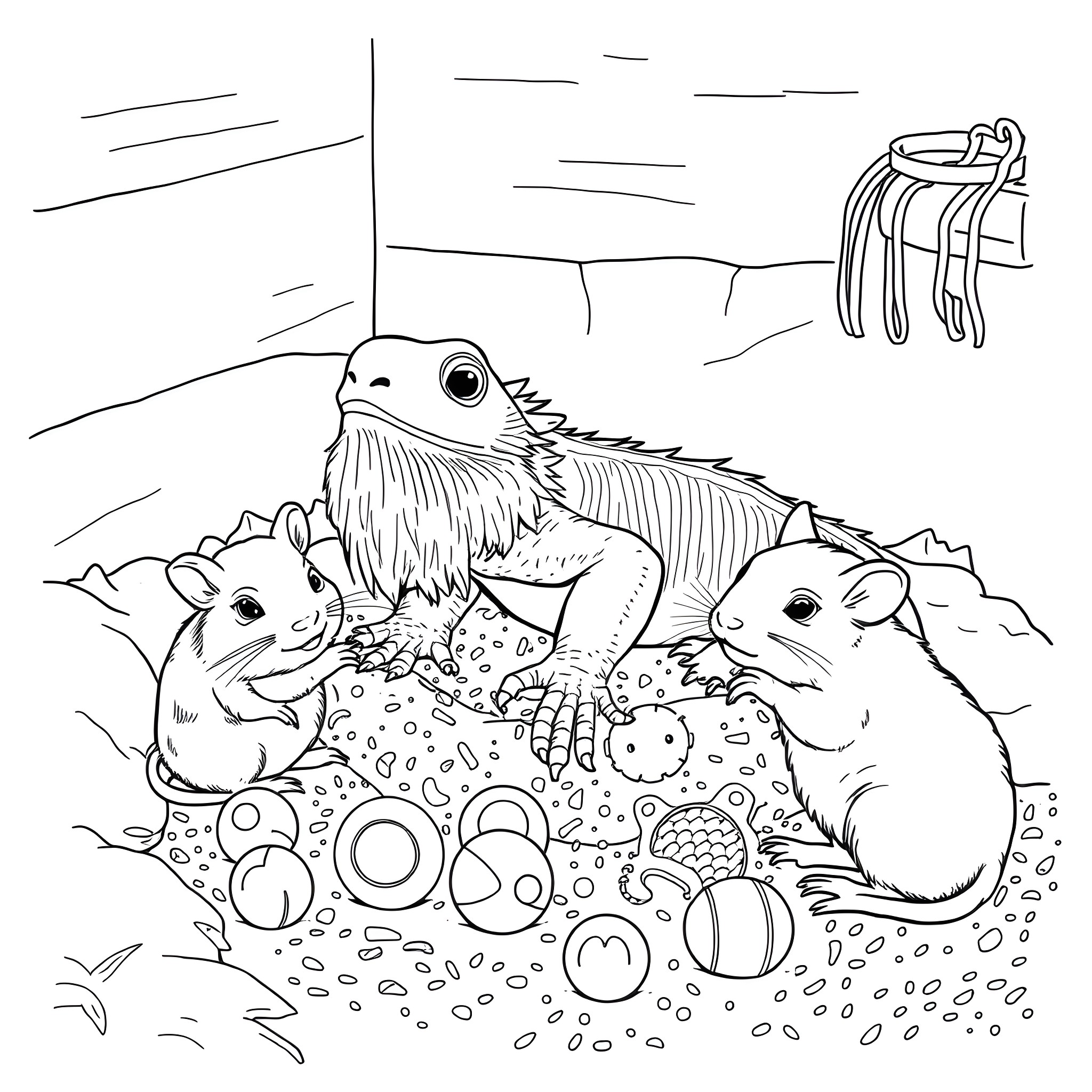 Bearded Dragon surrounded by curious rodents Coloring Page (free black-and-white line drawing printable PDF for all, from beginners to advanced learners, including children, teens, adults, and seniors)