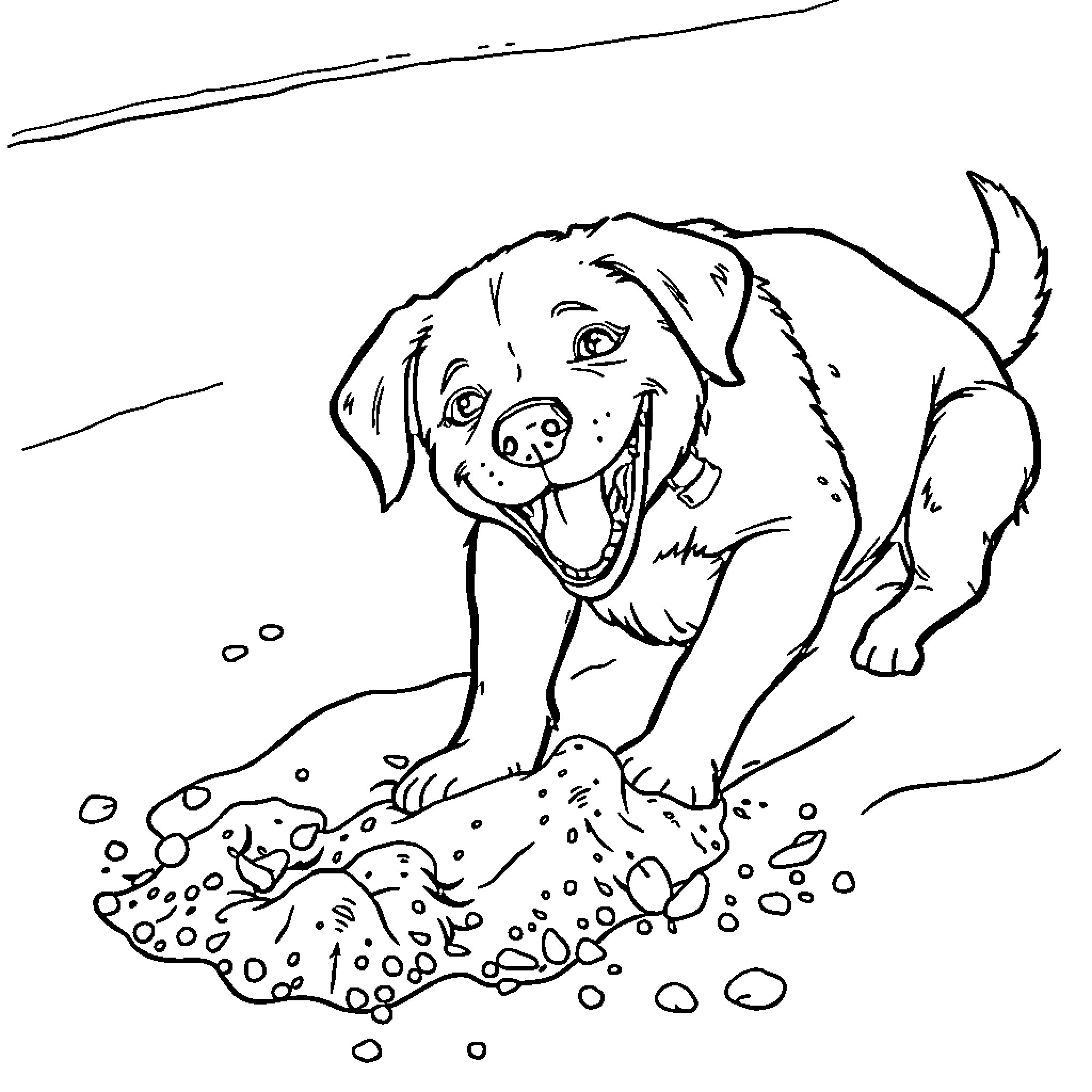 Dog playing in the mud Coloring Page (free black-and-white line drawing printable PDF for all, from beginners to advanced learners, including children, teens, adults, and seniors)