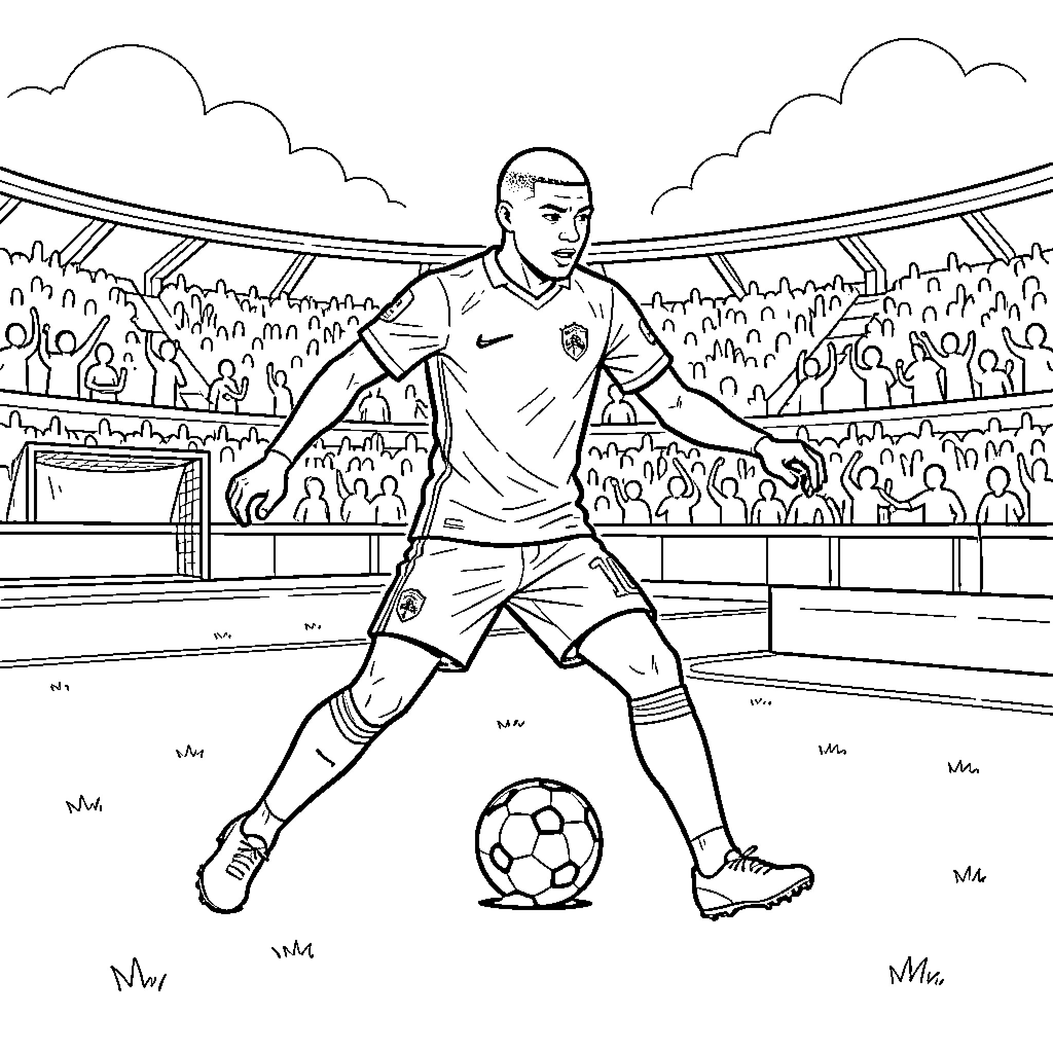Mbappe dribbling a soccer ball in a stadium Coloring Page (free black-and-white line drawing printable PDF for all, from beginners to advanced learners, including children, teens, adults, and seniors)