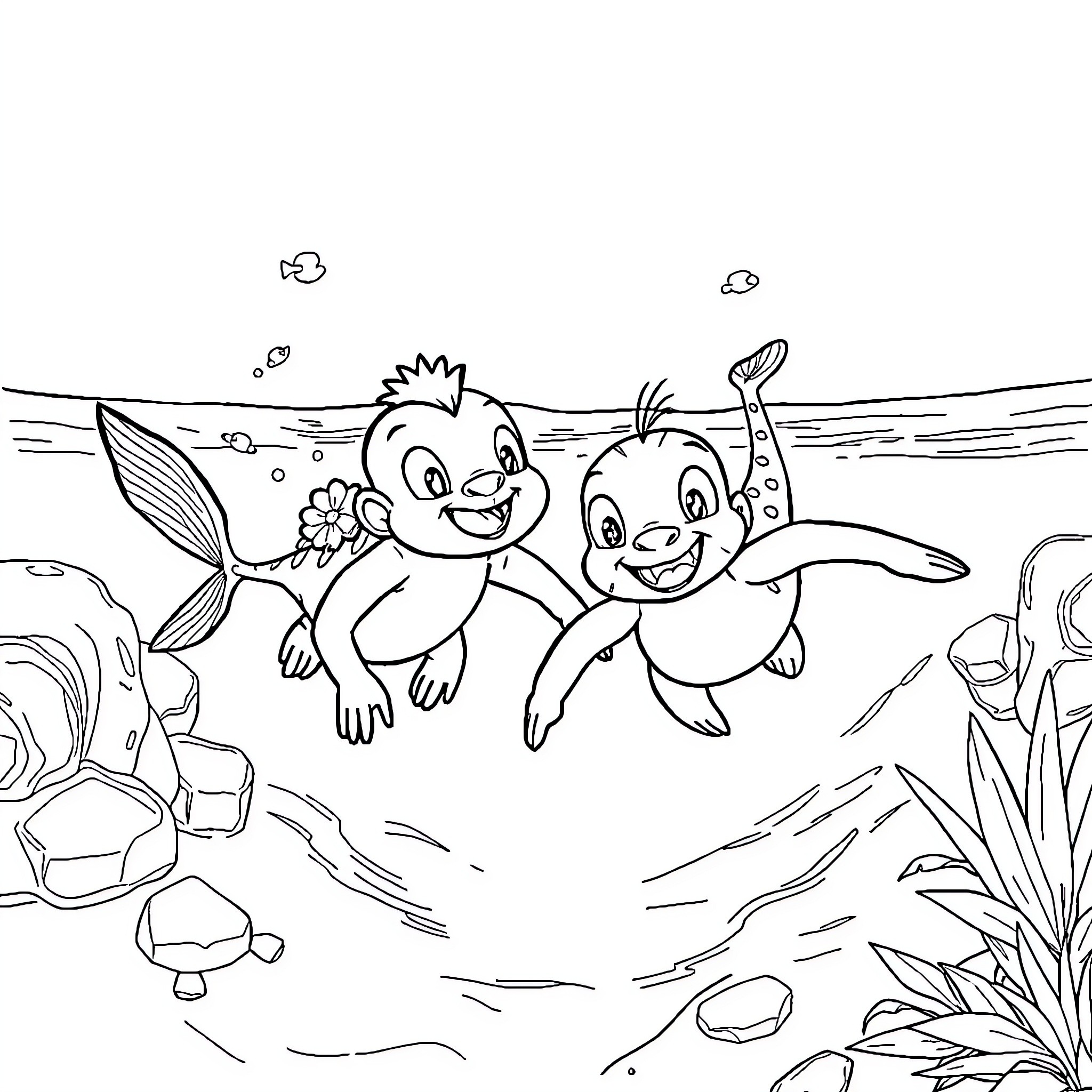 Upin and Ipin playing happily underwater Coloring Page (free black-and-white line drawing printable PDF for all, from beginners to advanced learners, including children, teens, adults, and seniors)