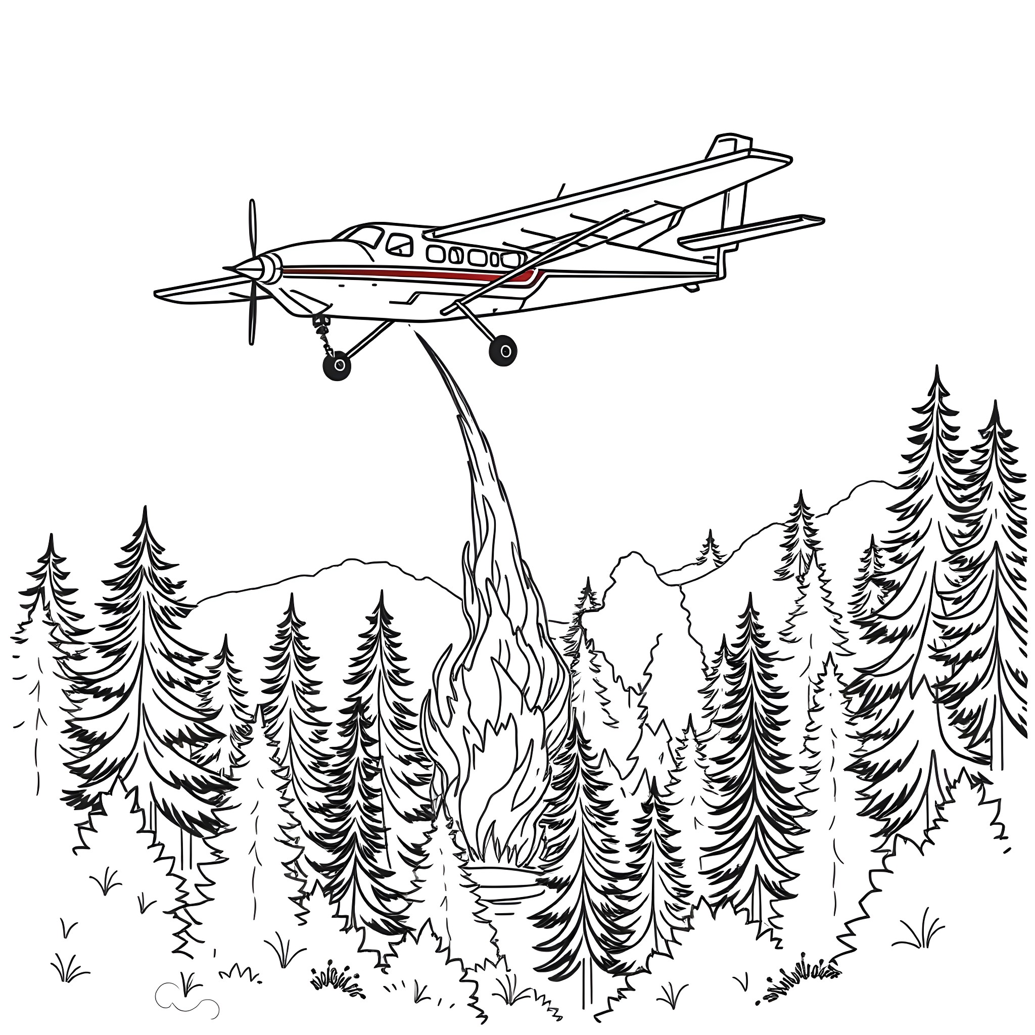 Canadair firefighting aircraft over forest fire Coloring Page (free black-and-white line drawing printable PDF for all, from beginners to advanced learners, including children, teens, adults, and seniors)