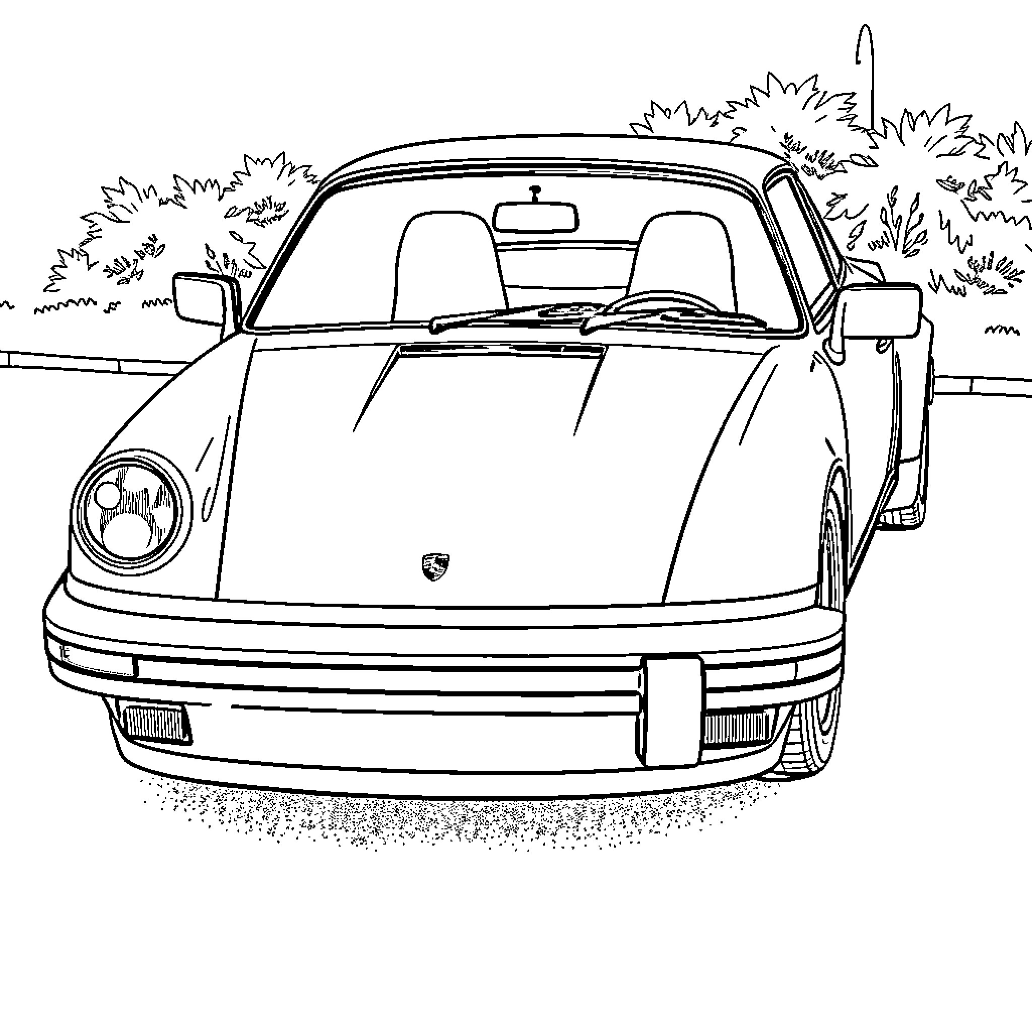 Porsche sports car in scenic outdoor setting Coloring Page (free black-and-white line drawing printable PDF for all, from beginners to advanced learners, including children, teens, adults, and seniors)