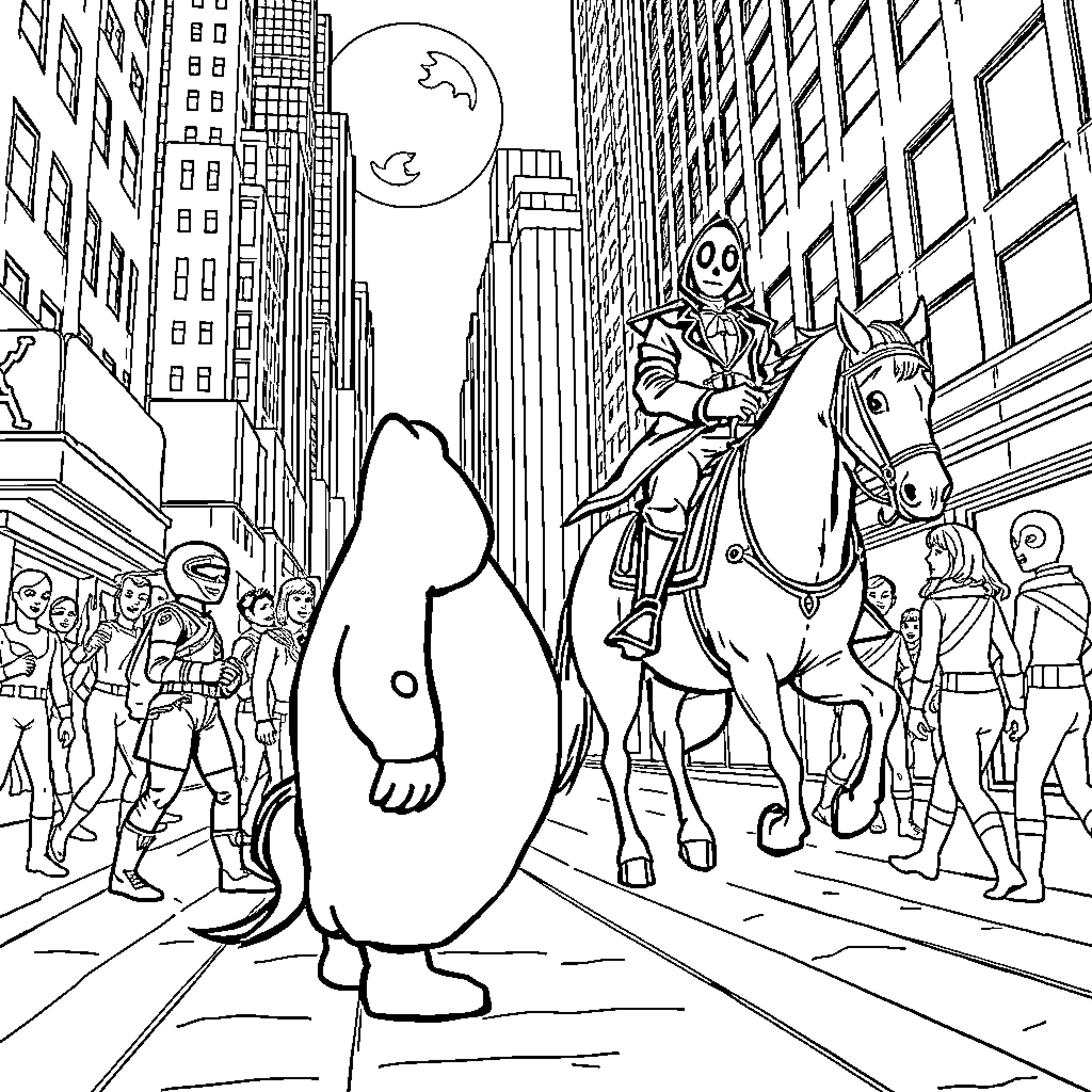 Oogie Boogie's Spooky Parade Through the City Coloring Page (free black-and-white line drawing printable PDF for all, from beginners to advanced learners, including children, teens, adults, and seniors)