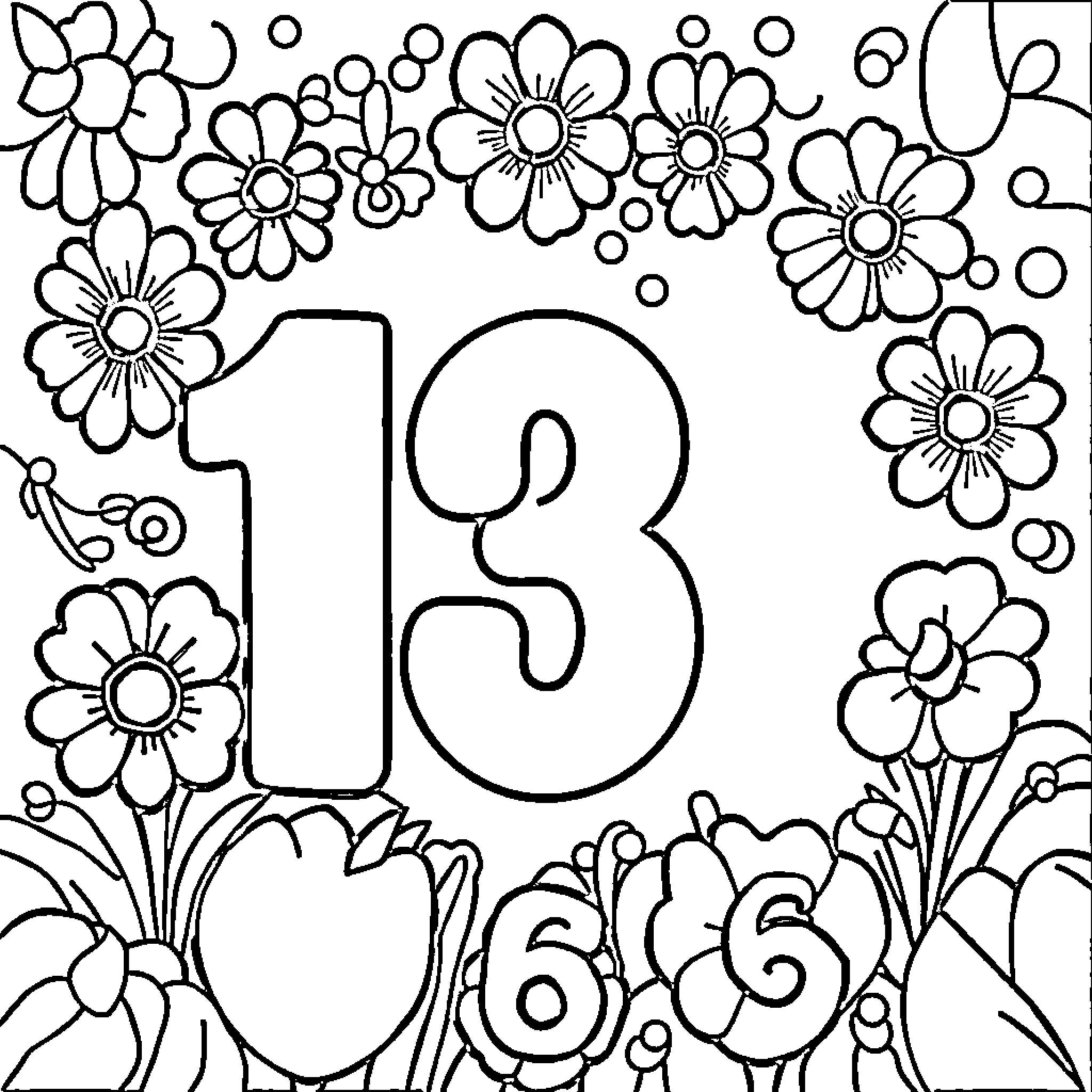 Color By Number Floral Arrangement With Number 13 Coloring Page (free black-and-white line drawing printable PDF for all, from beginners to advanced learners, including children, teens, adults, and seniors)