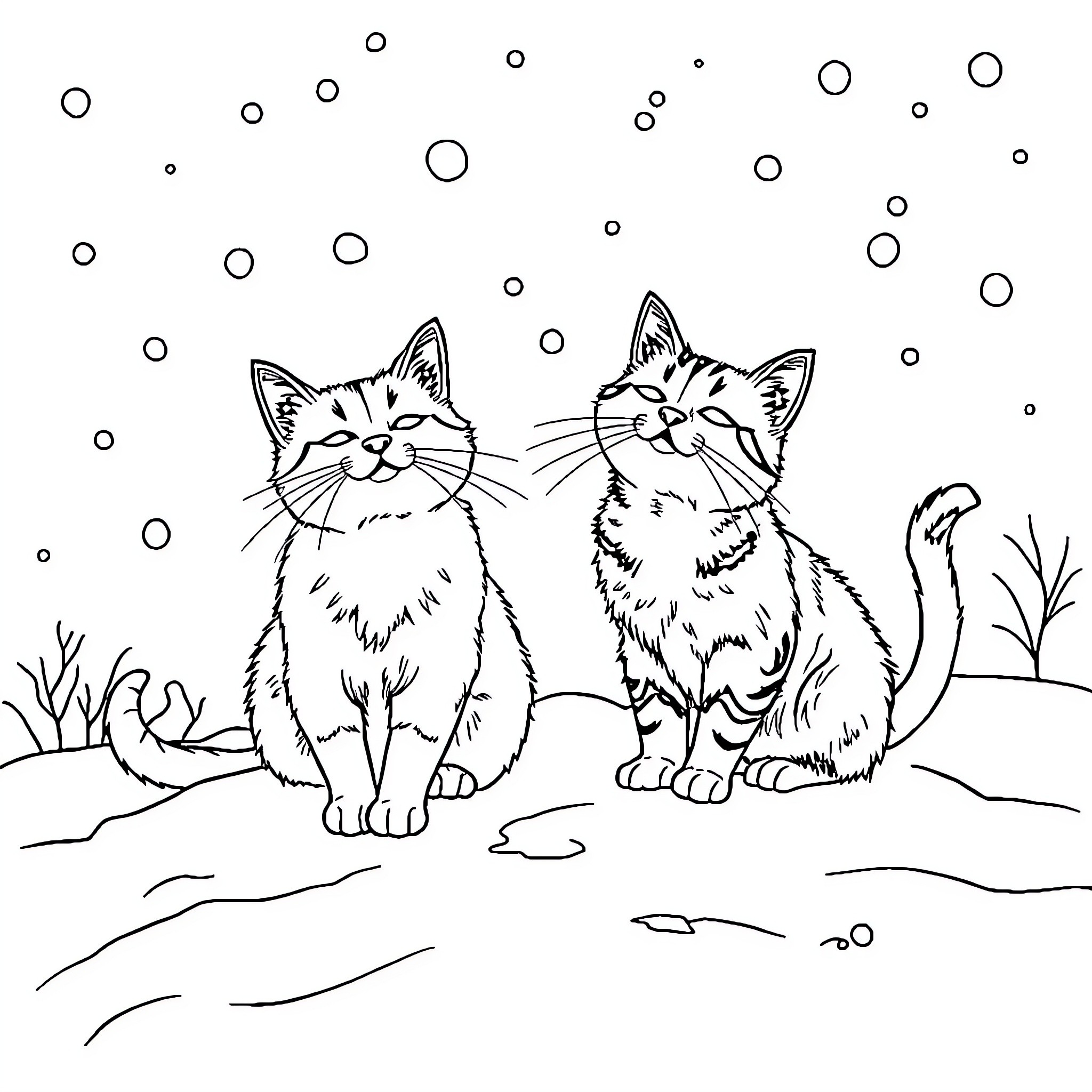 Gato cats enjoying winter scenery Coloring Page (free black-and-white line drawing printable PDF for all, from beginners to advanced learners, including children, teens, adults, and seniors)
