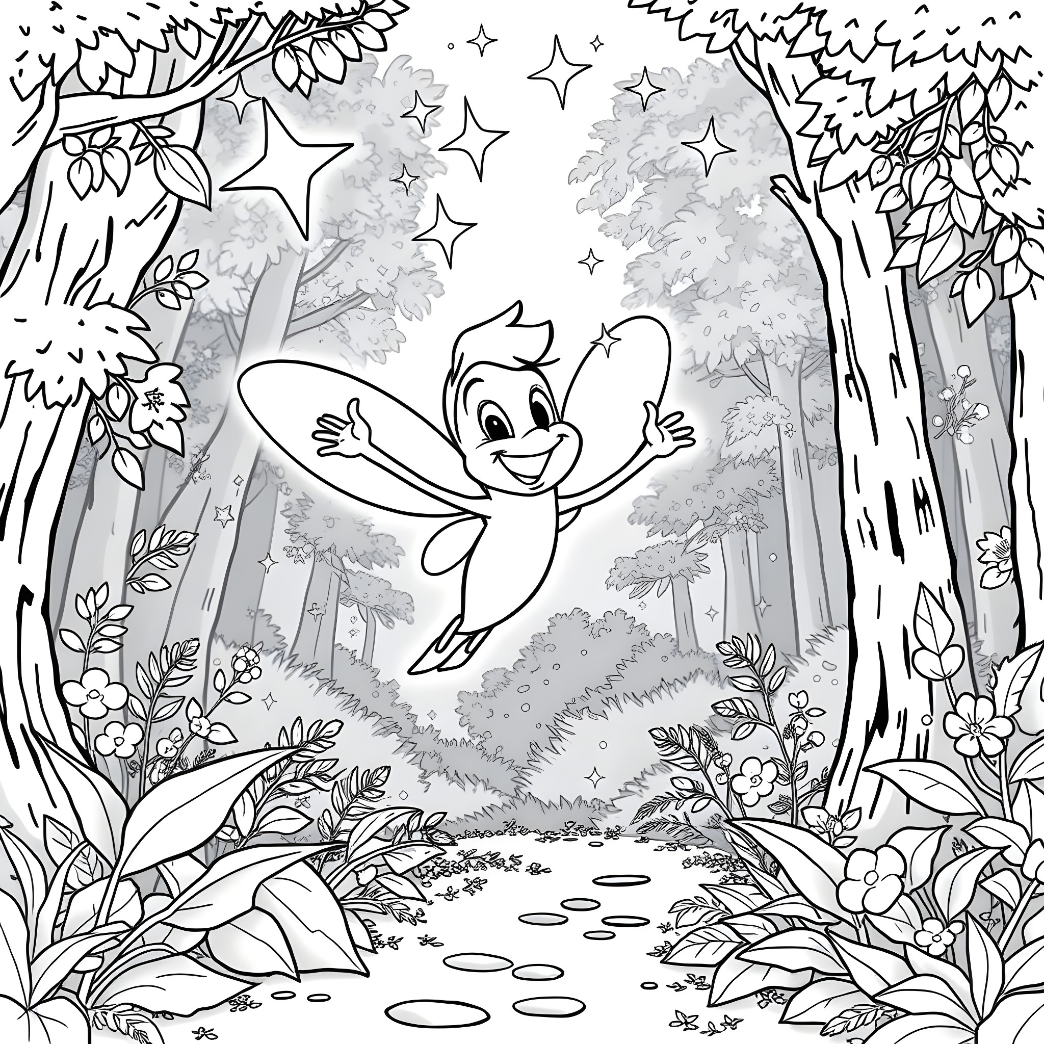 Ray's Whimsical Dance in the Enchanted Forest Coloring Page (free black-and-white line drawing printable PDF for all, from beginners to advanced learners, including children, teens, adults, and seniors)